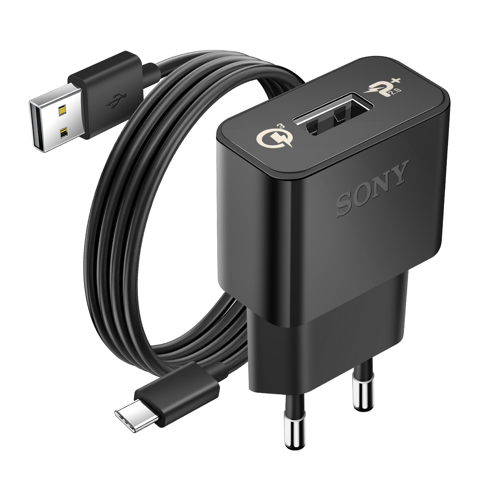 Adattatore di alimentazione Sony nero con porte USB-A e USB-C, cavo incluso.