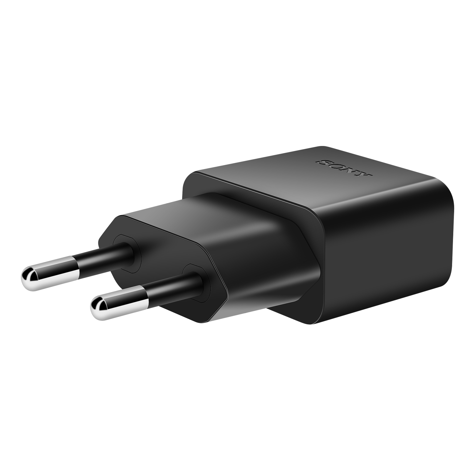 Adattatore di corrente Sony nero con due pin argentati, su sfondo bianco.