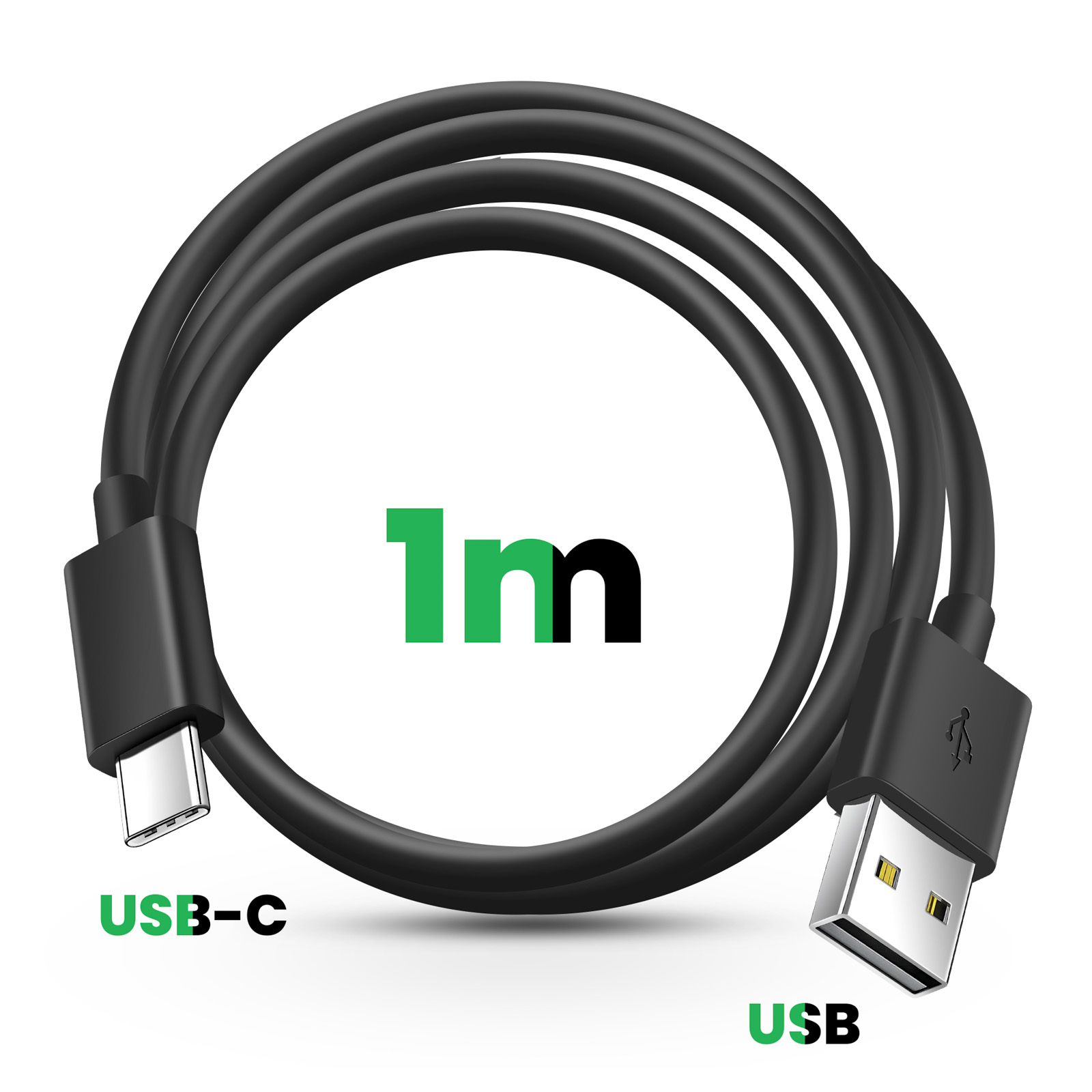 Cavo USB-C a USB nero, lungo 1m, con connettori.