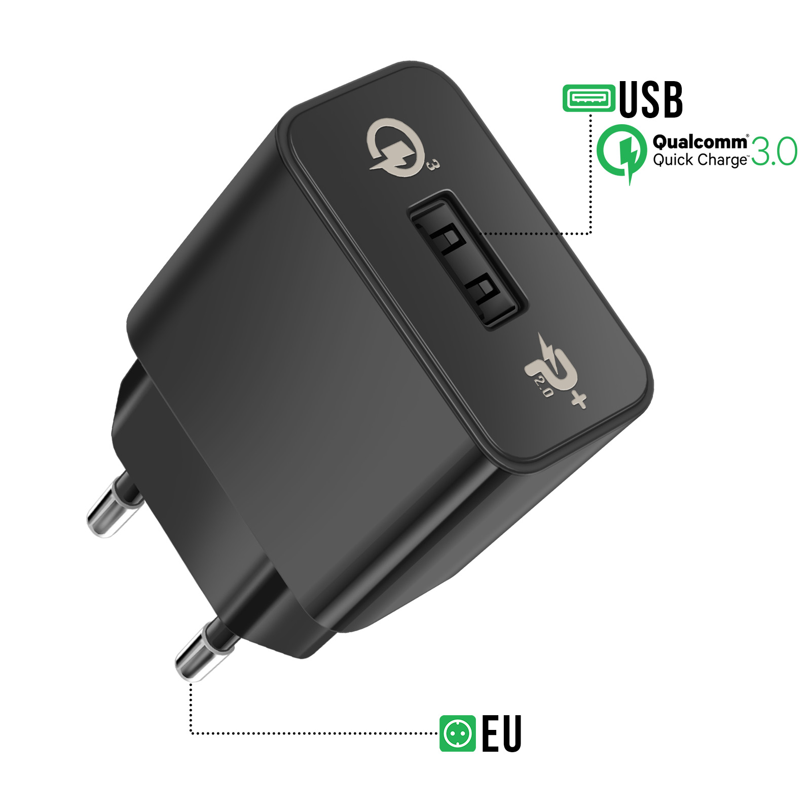 Adattatore di corrente USB nero a due porte con spina UE.