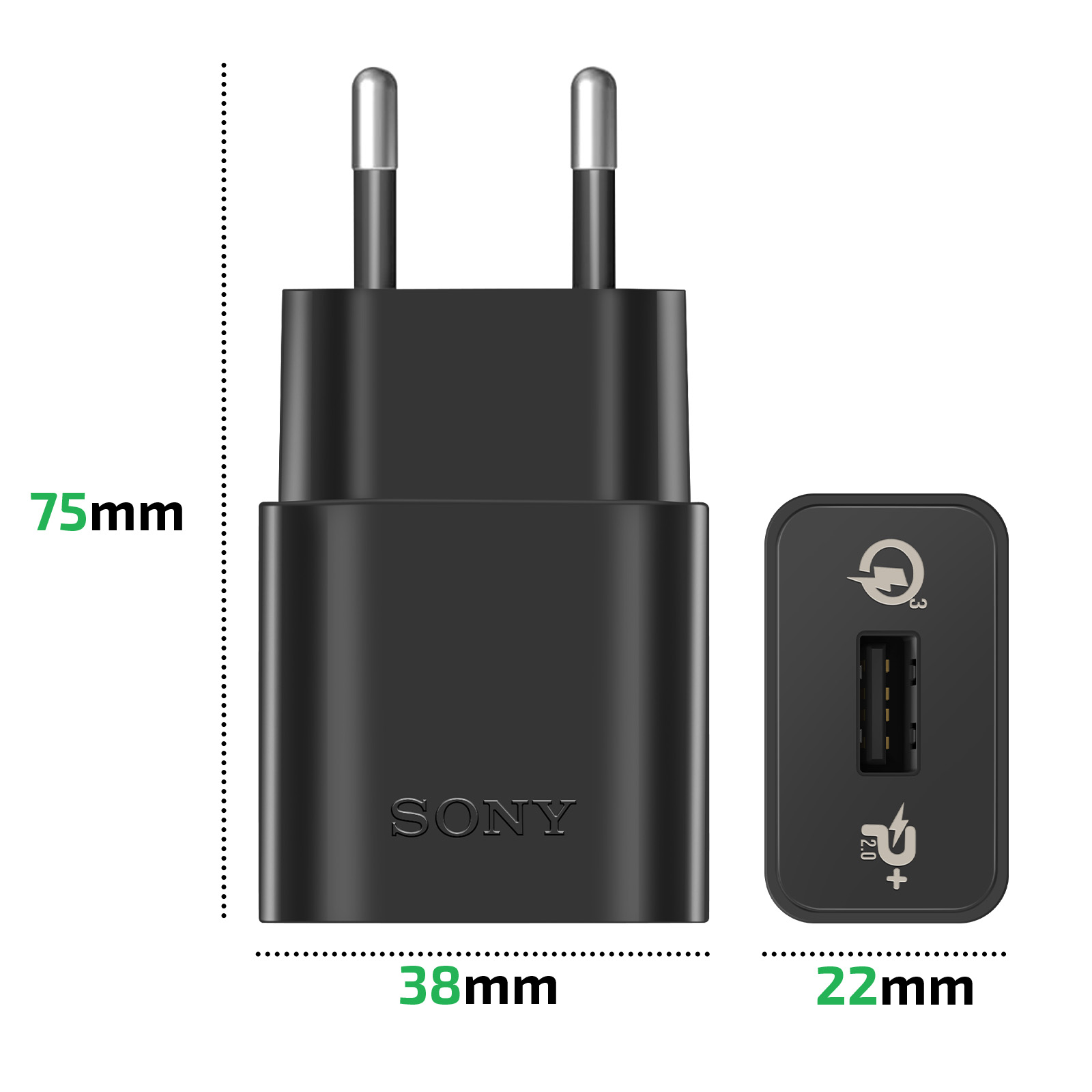 Adattatore caricatore Sony nero con due pin e porta USB.