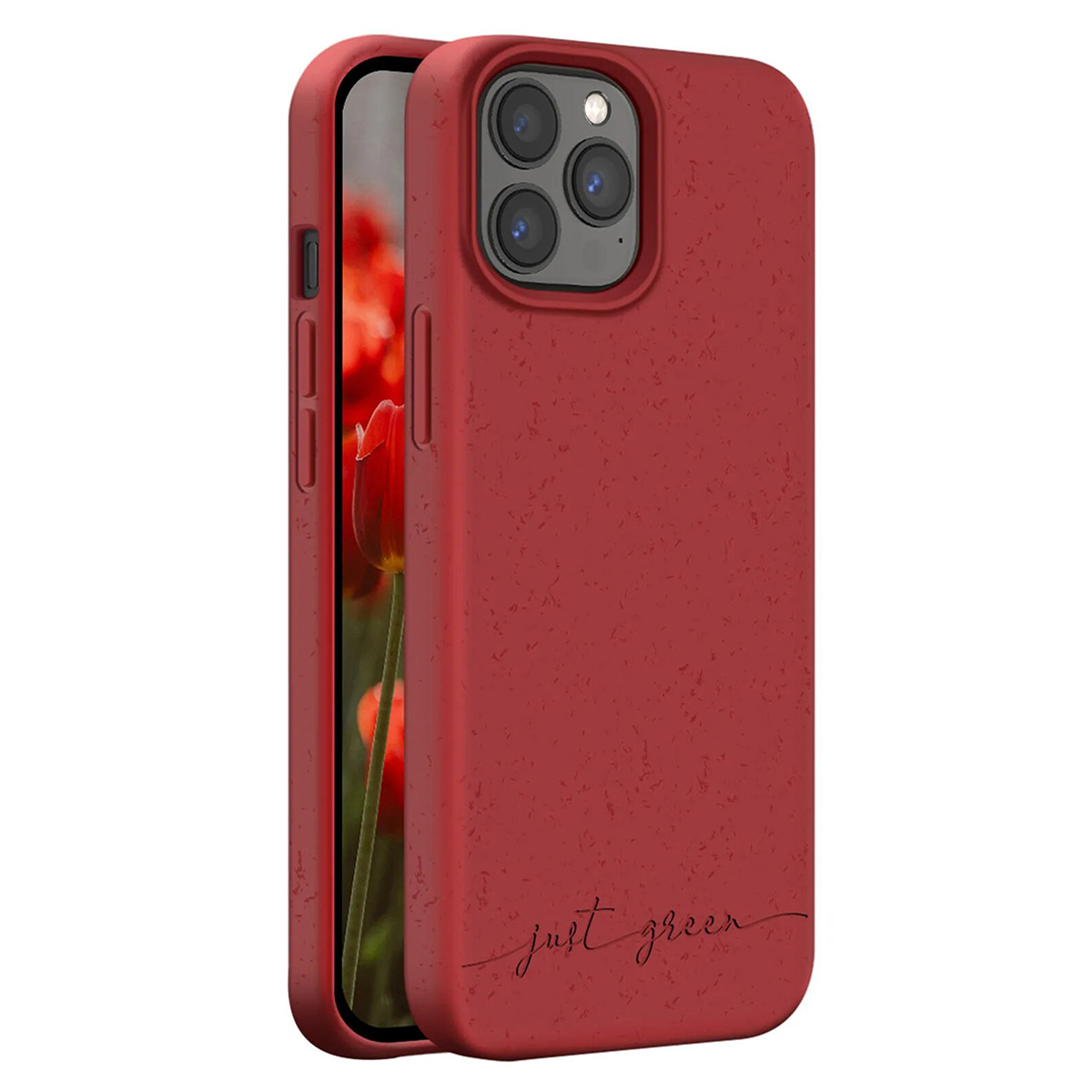 Custodia rossa per telefono con tripla fotocamera e schermo floreale.