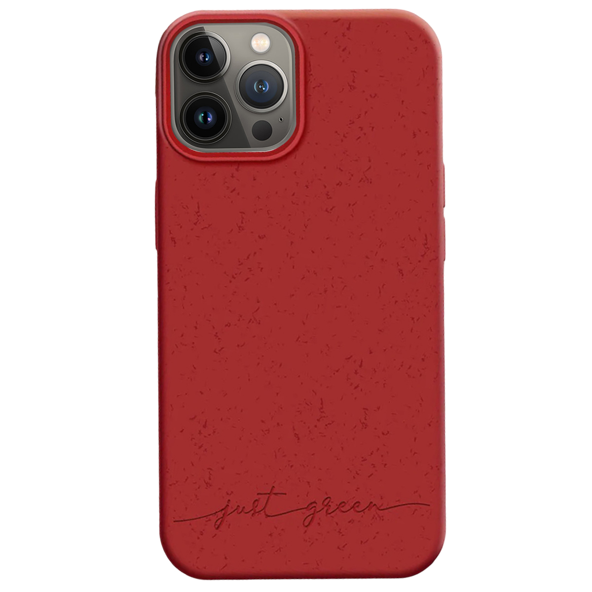 Custodia rossa per telefono con modulo fotocamera e testo 'just green'.
