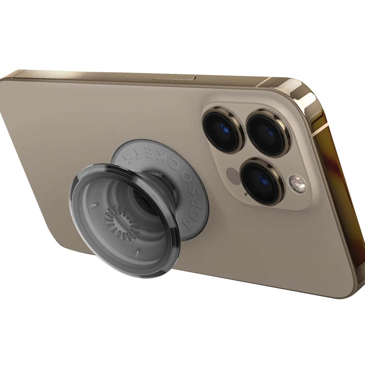 Retro di smartphone dorato con impugnatura PopSocket e tre fotocamere.