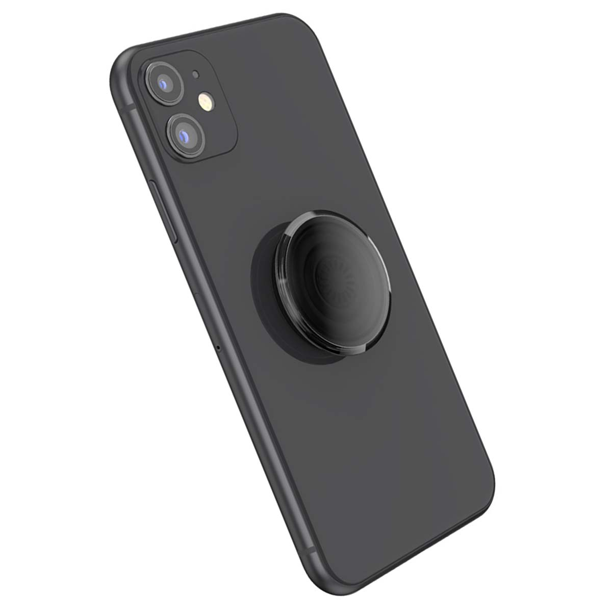 Uno smartphone nero con un'impugnatura rotonda e trasparente sul retro.