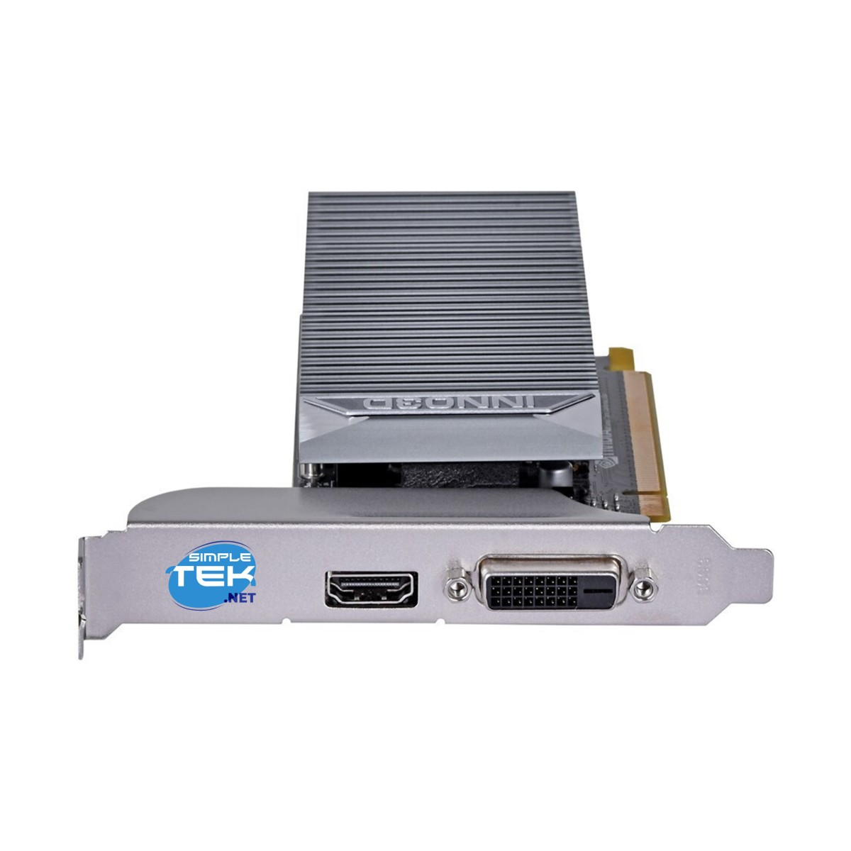 Srebrna karta graficzna z radiatorem, portami HDMI i DVI. Logo SimpleTek.net.