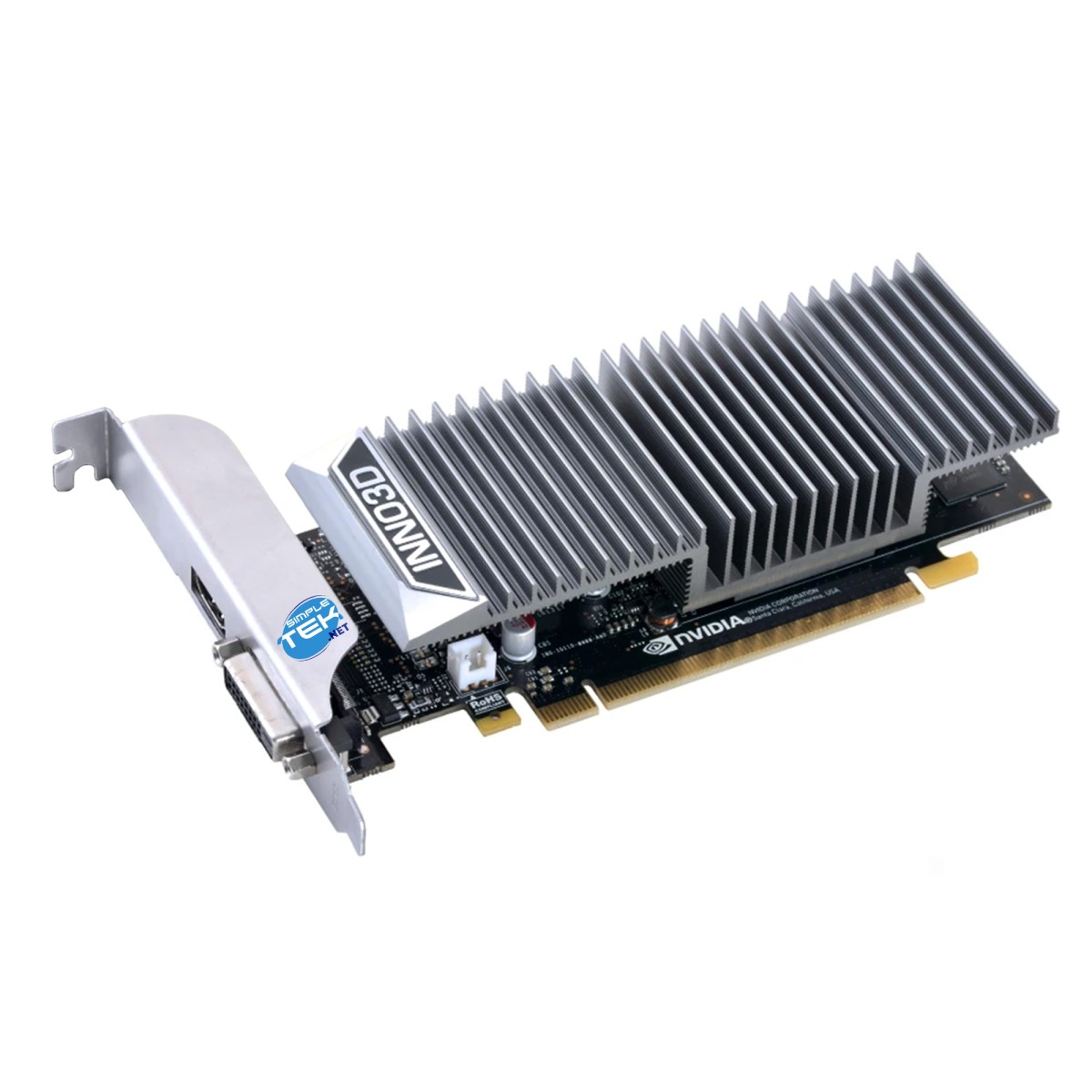 Srebrna karta graficzna z srebrnym radiatorem i czarnym wentylatorem.