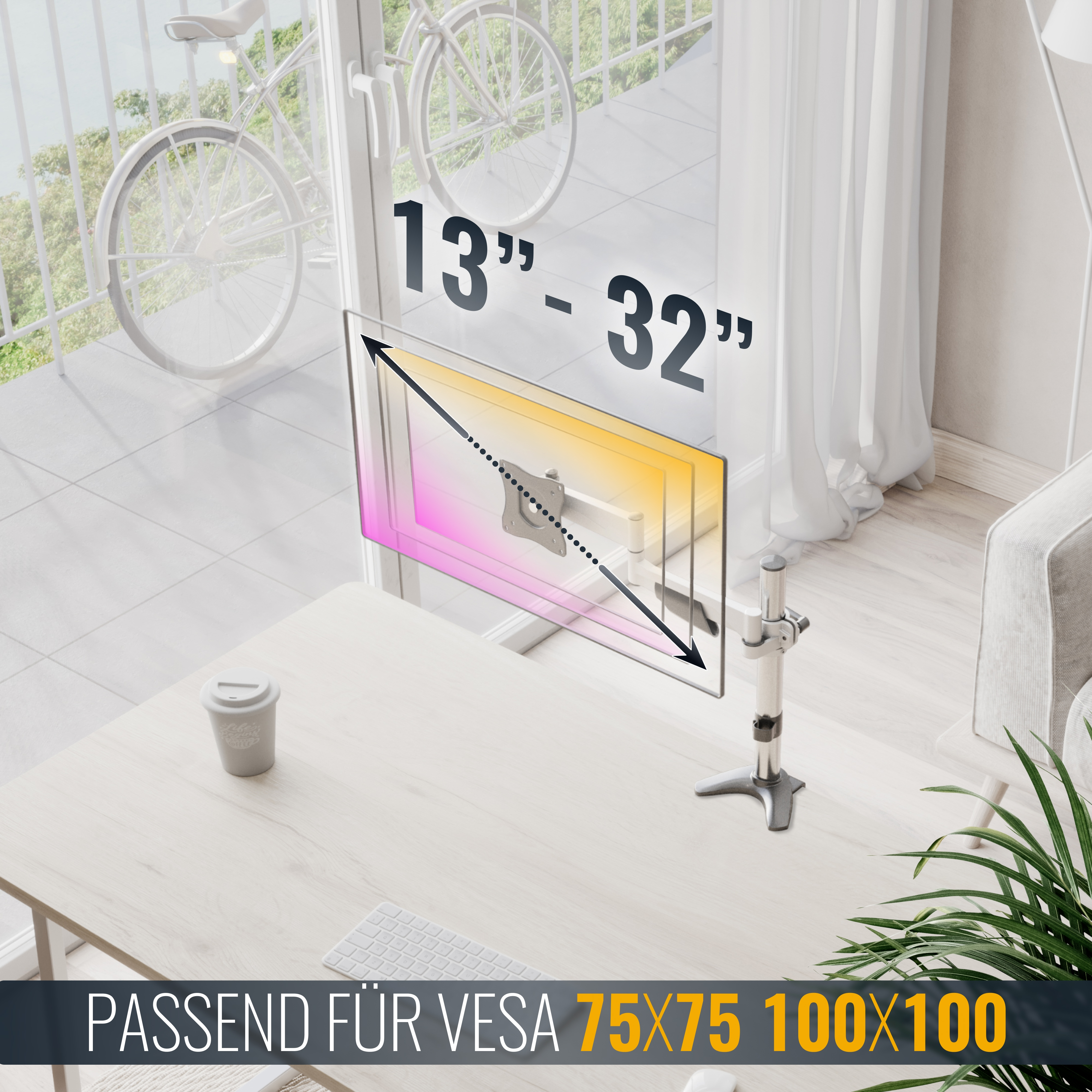 Ein Monitorarm auf einem Schreibtisch, passend für 13-32 Zoll Monitore.