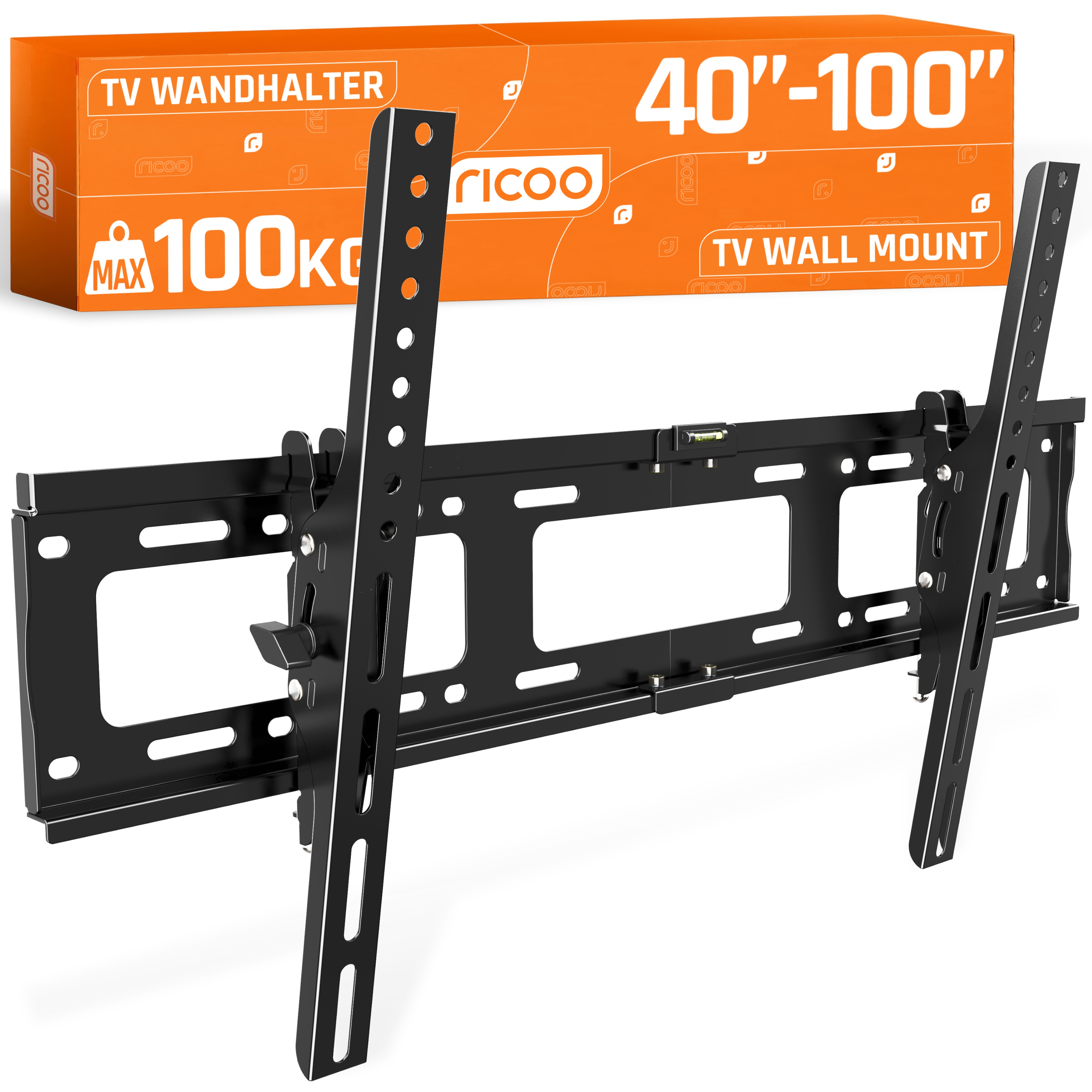 Schwarze TV-Wandhalterung mit Wasserwaage und orangener Verpackung für 40-100 Zoll TVs.