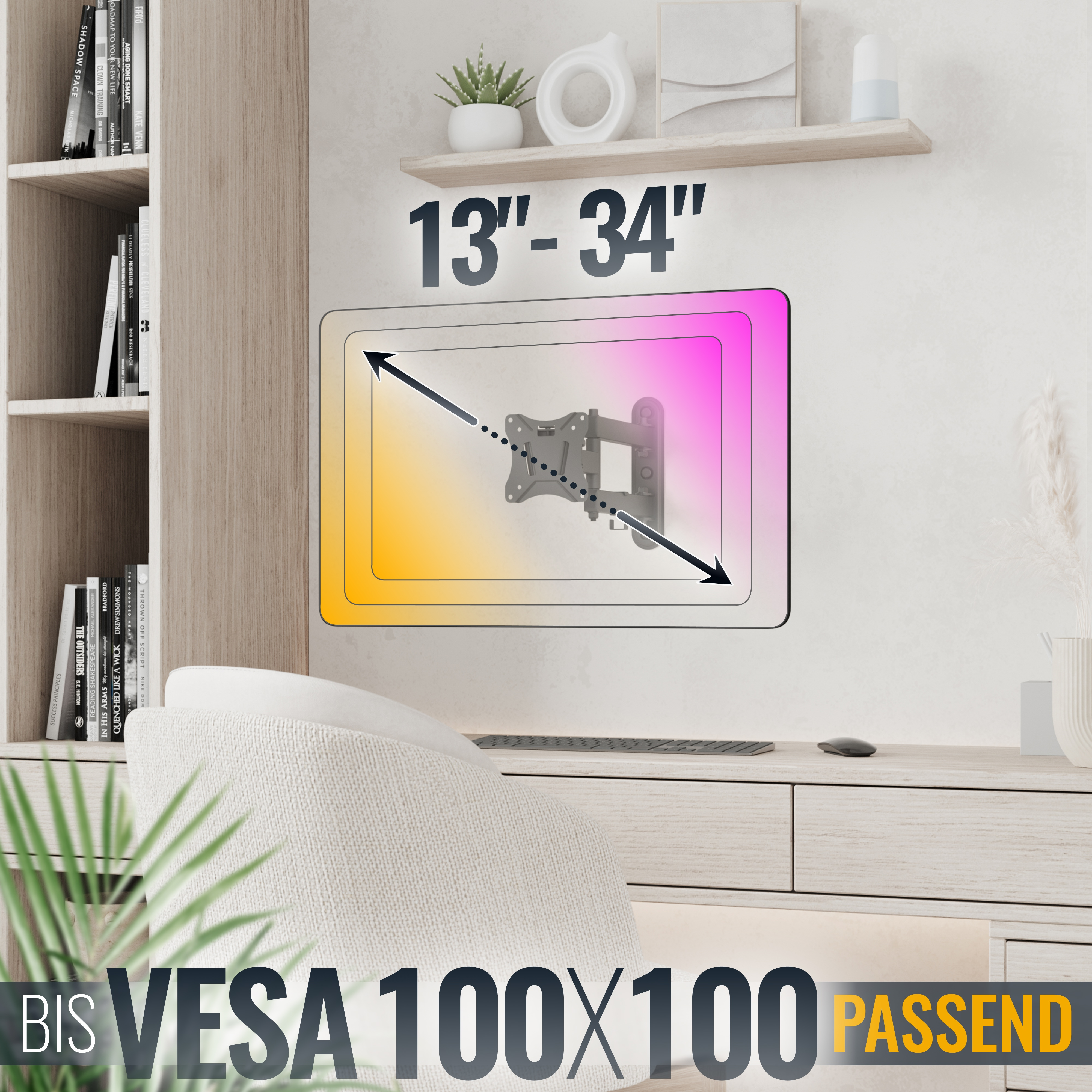 Ein Monitorarm für 13-34 Zoll Bildschirme mit VESA 100x100 Montage.