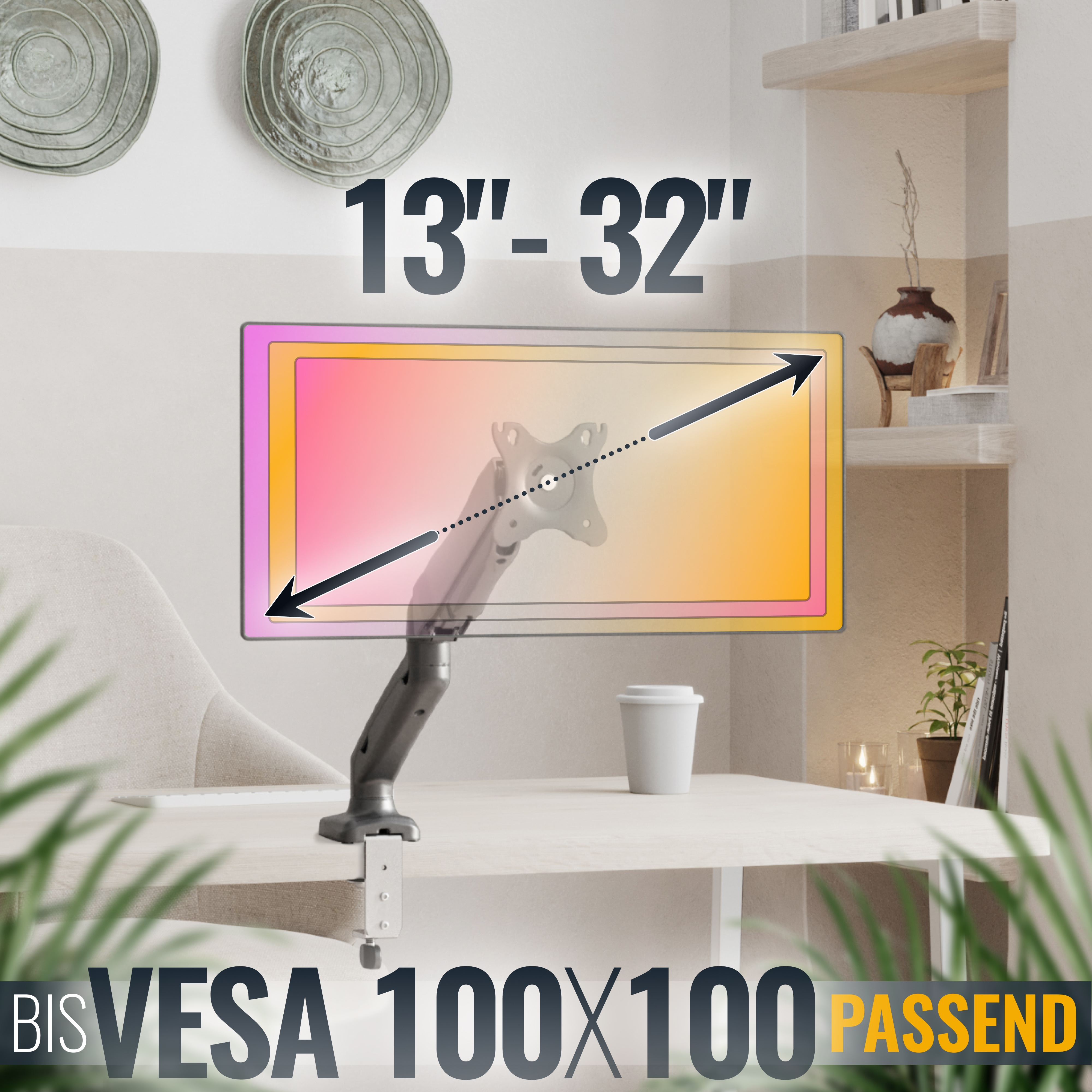 Monitorhalterung für 13-32 Zoll Bildschirme, VESA 100x100 passend.