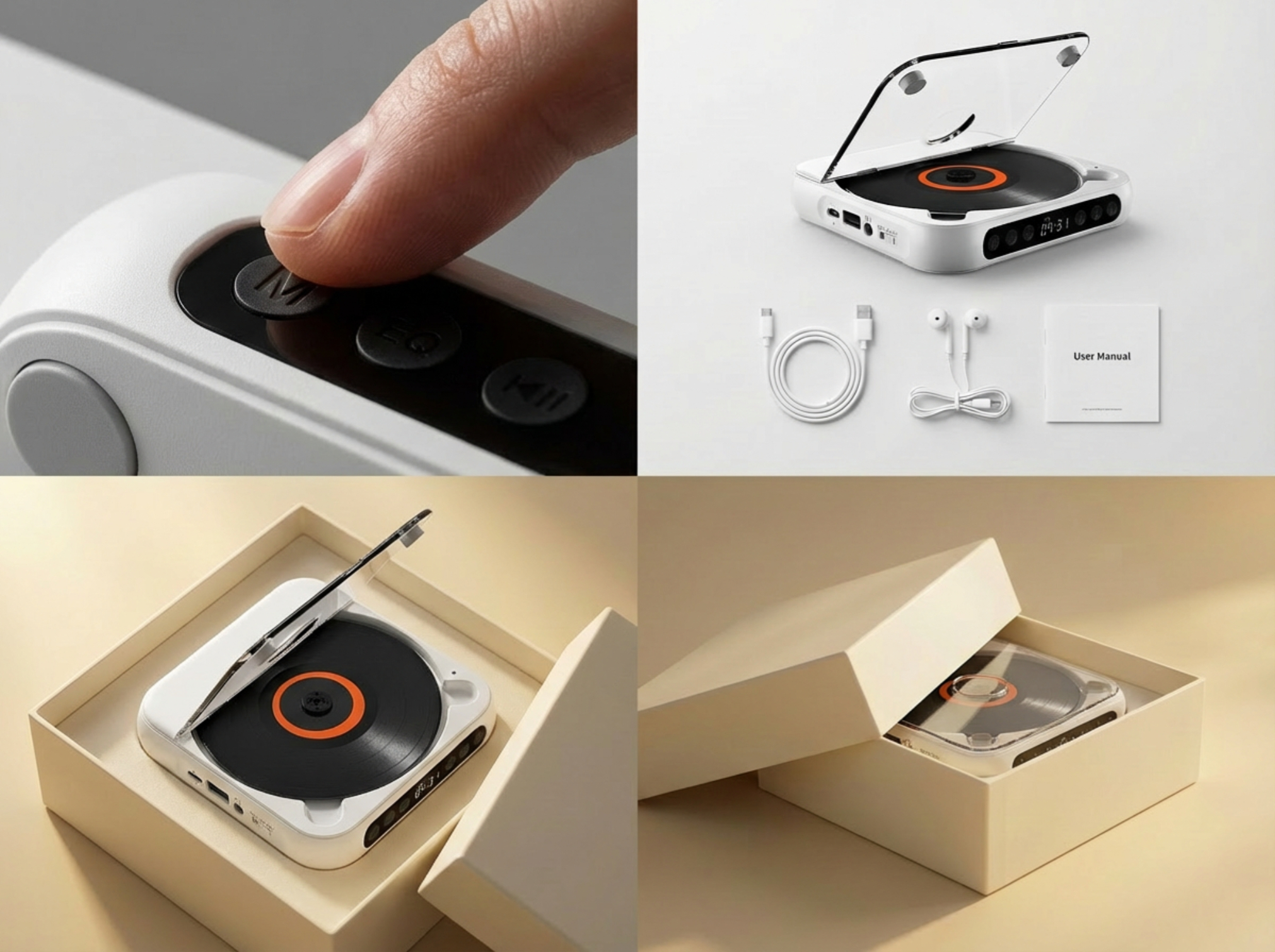 Ein Finger drückt auf eine M-Taste eines weißen CD-Players im Plattendesign.