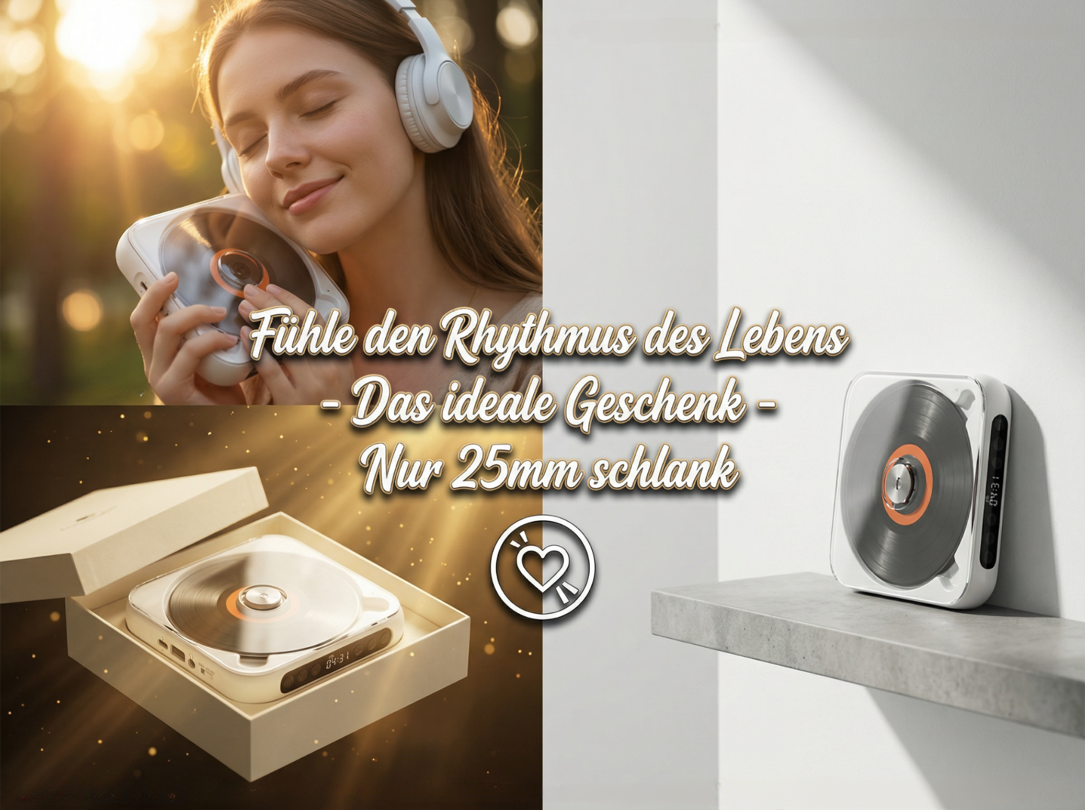 Eine Frau mit Kopfhörern hält einen CD-Player. Ein CD-Player ist in einer Schachtel und auf einem Regal.