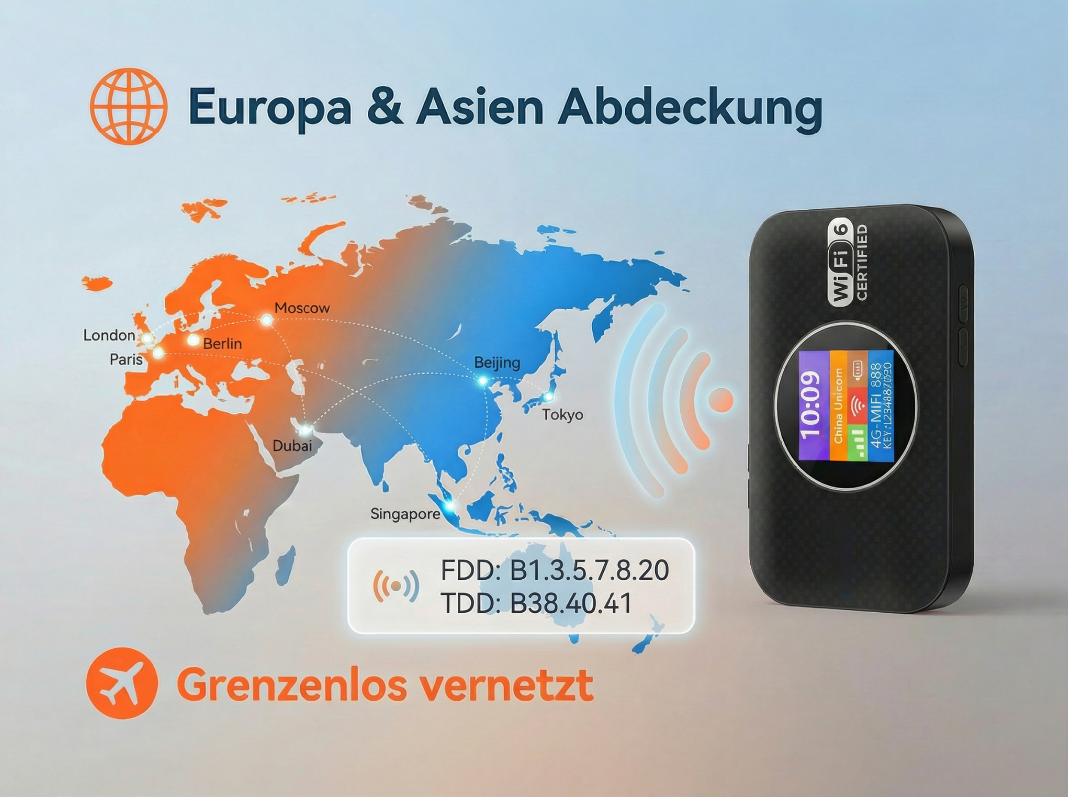 Karte mit Europa und Asien, die Abdeckung zeigt. Ein 4G-MIFI-Gerät ist rechts abgebildet.