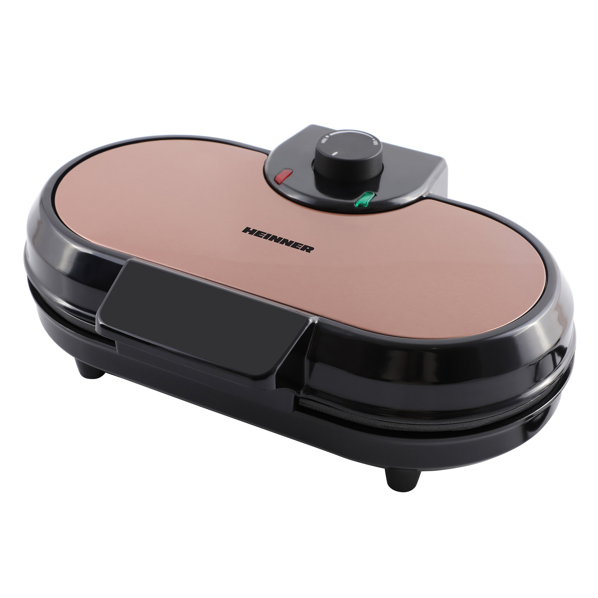 A black waffle maker with a copper top and a rotary dial.