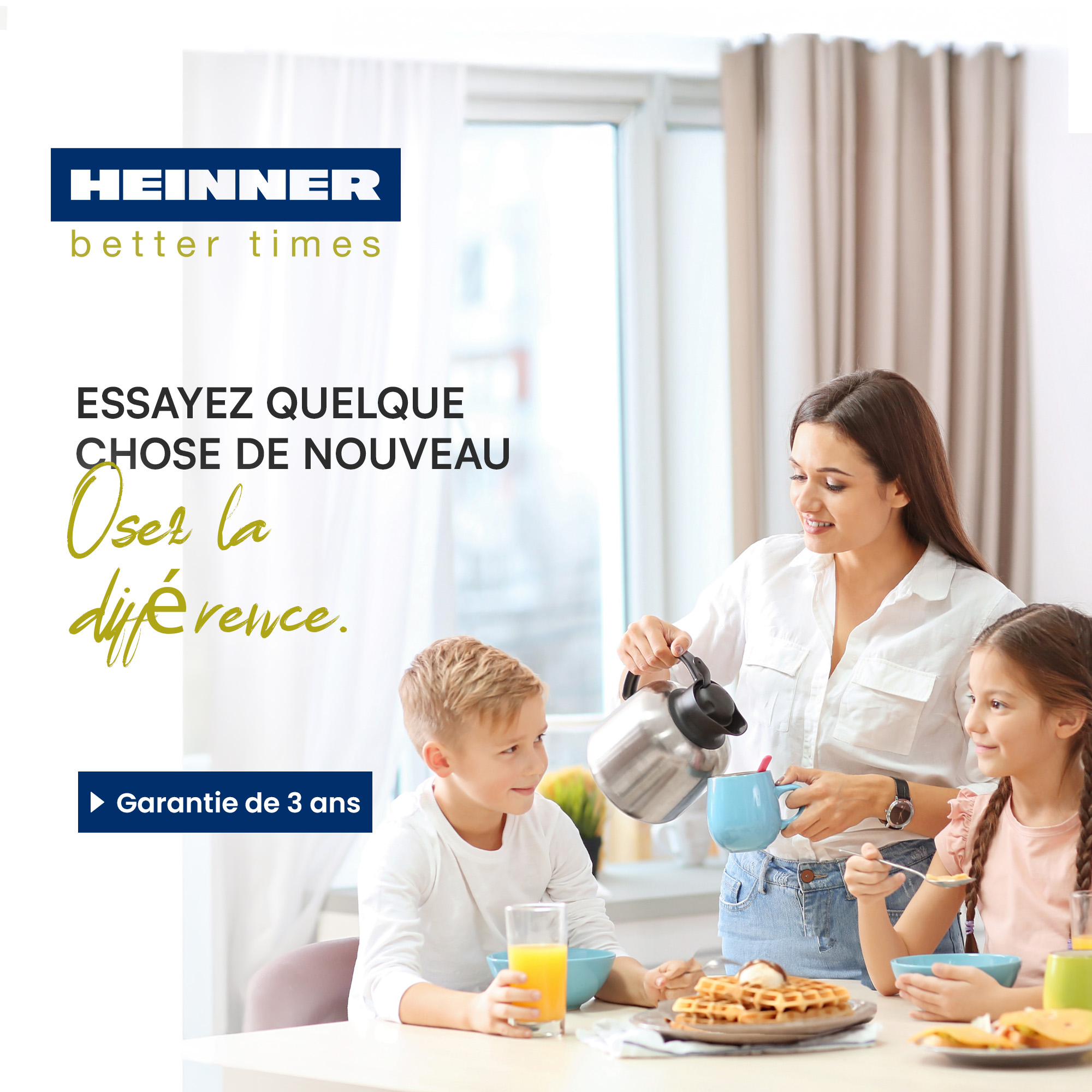 Mother pours drink for children at table. Waffles are on the plate.