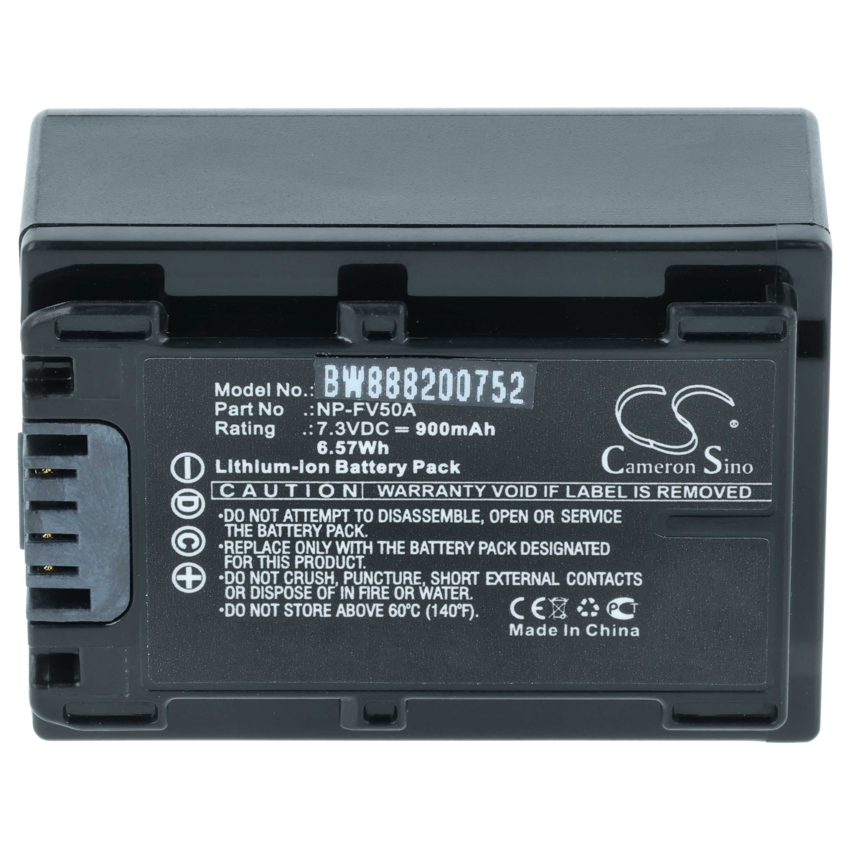 Schwarzer Lithium-Ionen-Akku mit Beschriftung: Cameron Sino, NP-FV50A, 7.3VDC 900mAh.