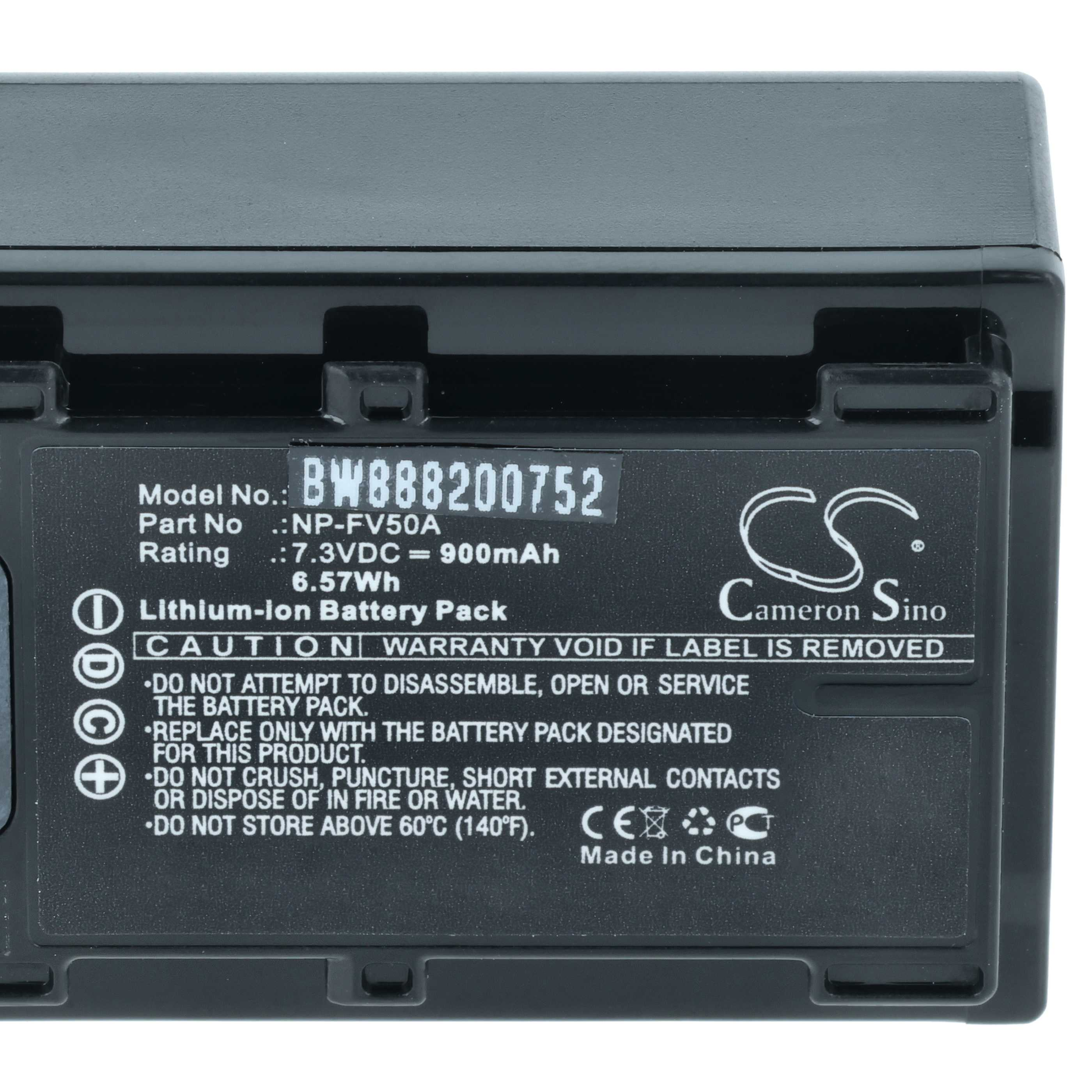 Schwarzer Lithium-Ionen-Akku mit Aufkleber: Modell BW888200752, NP-FV50A.