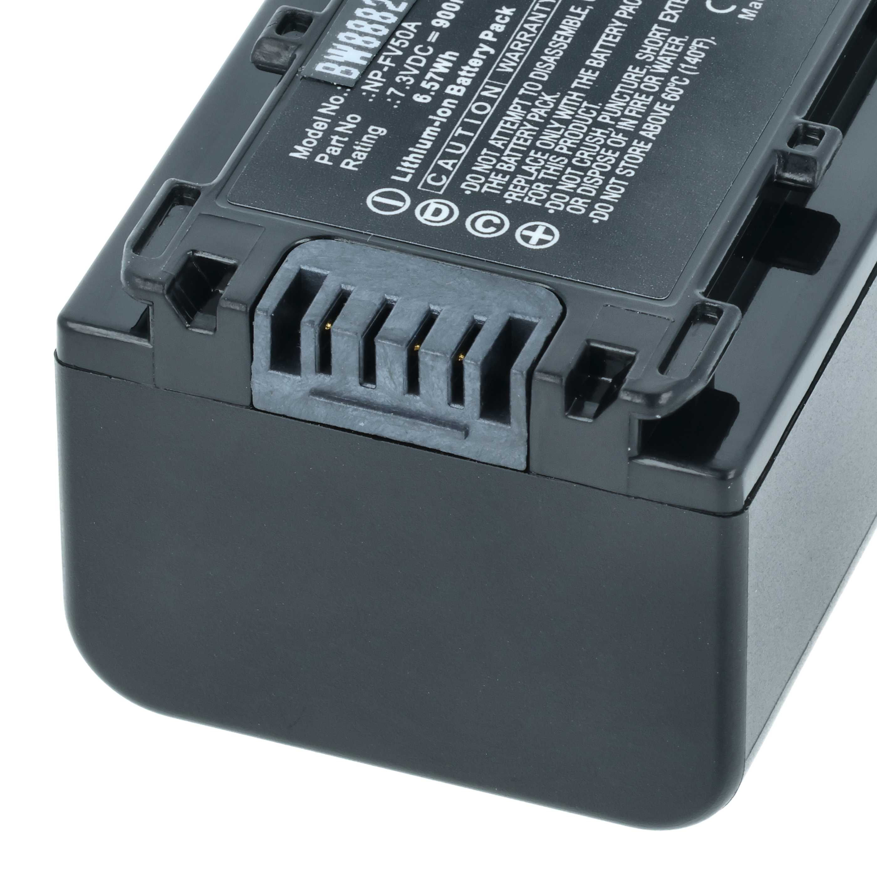 Schwarzer Lithium-Ionen-Akku mit Anschluss und Warnhinweisen.