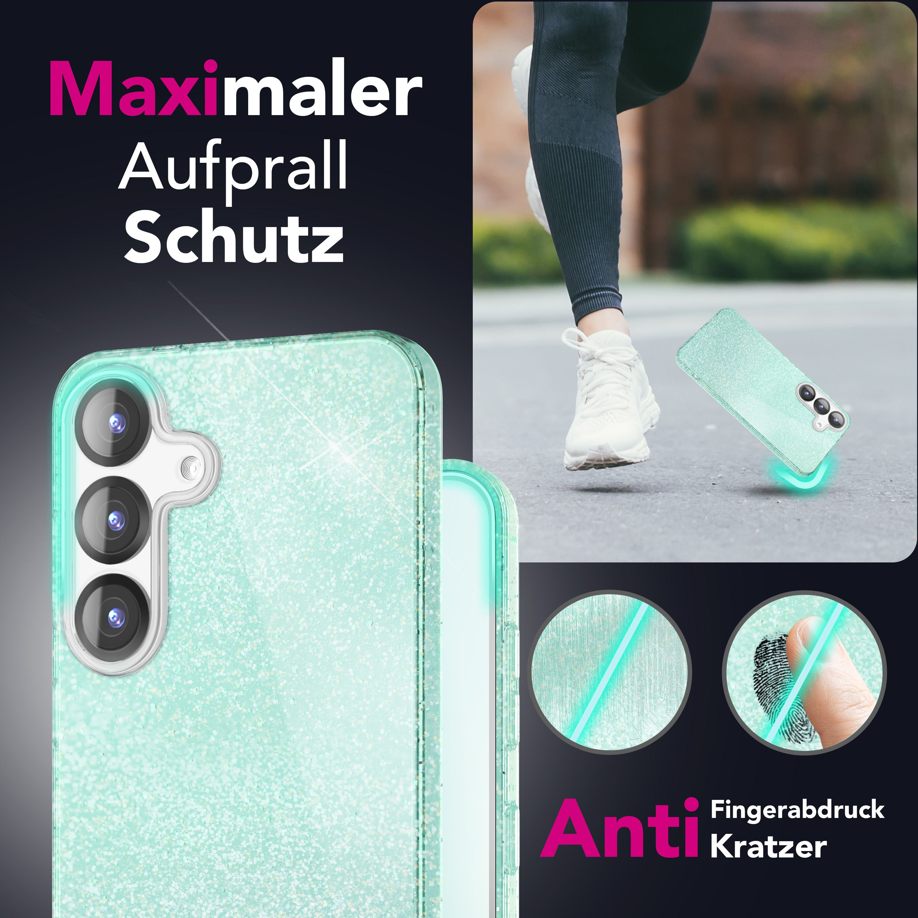 Glitzernde Handyhülle mit Kamera und Fingerabdruck-Symbol.
