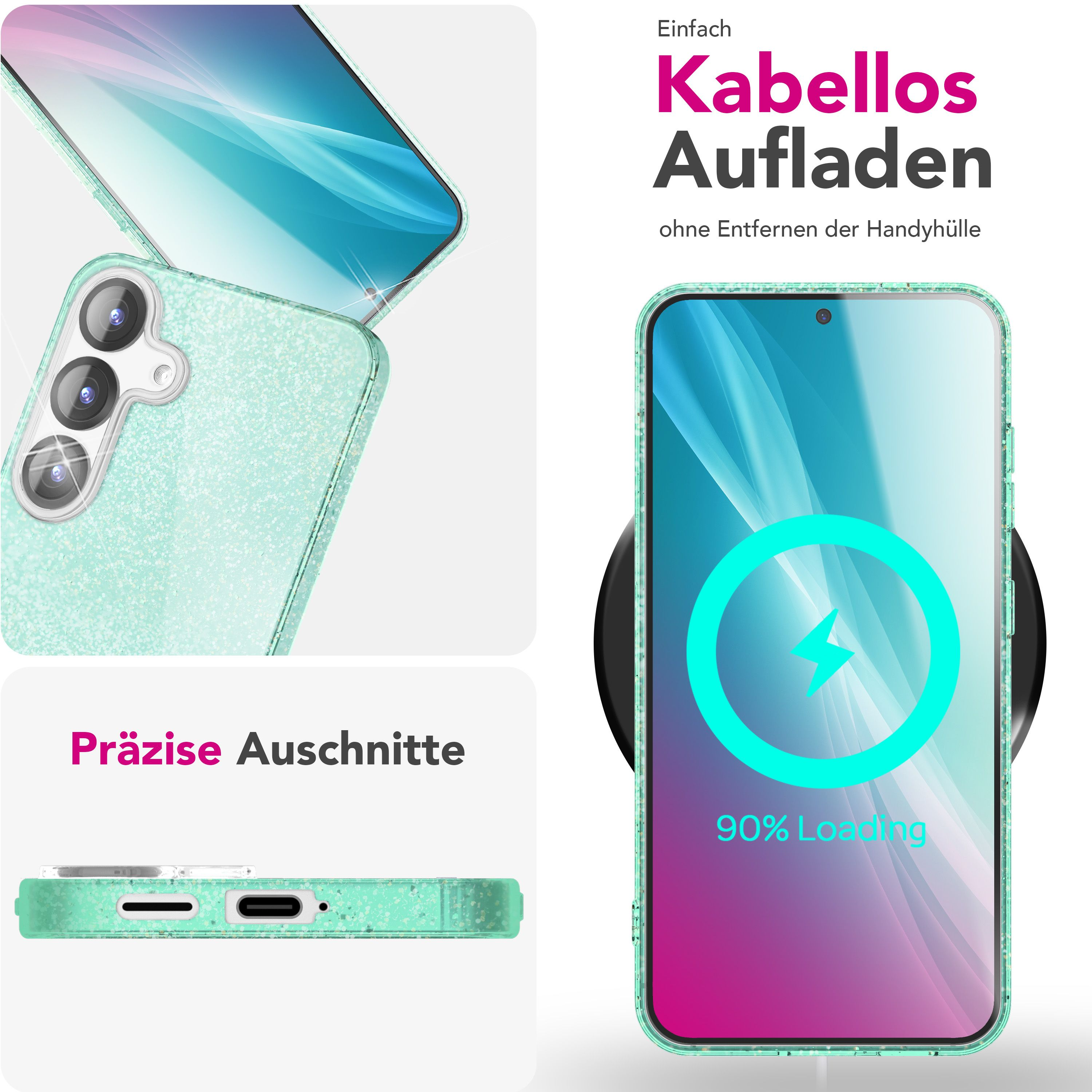 Türkis glitzernde Handyhülle mit präzisen Ausschnitten und Ladeanzeige.