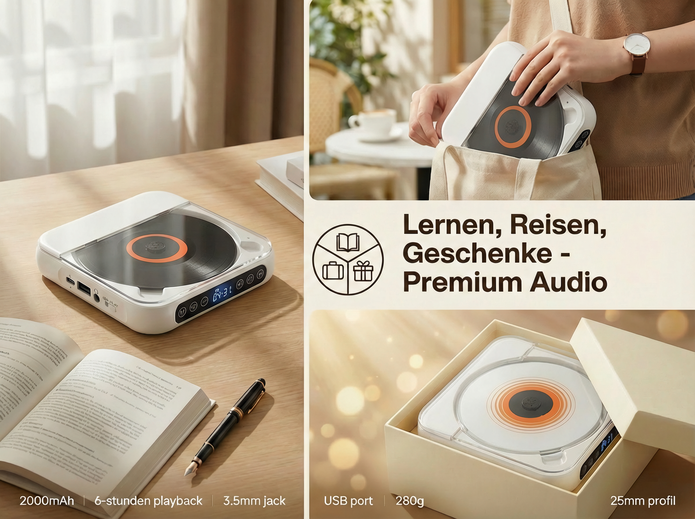 Ein tragbarer weißer CD-Player mit Vinyl-Design, neben einem Buch und Stift.