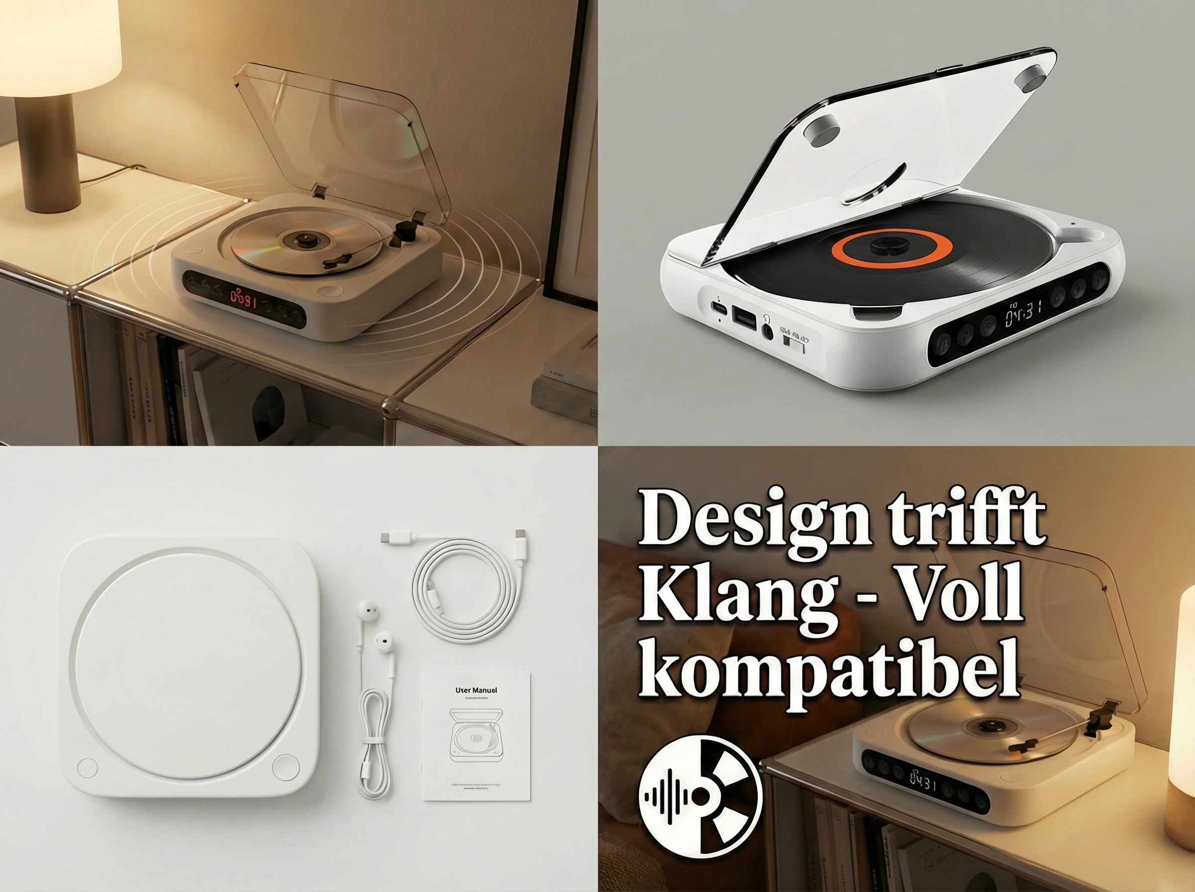 Ein weißer Plattenspieler mit CD-Fach und offenem Deckel, auf einem Regal.