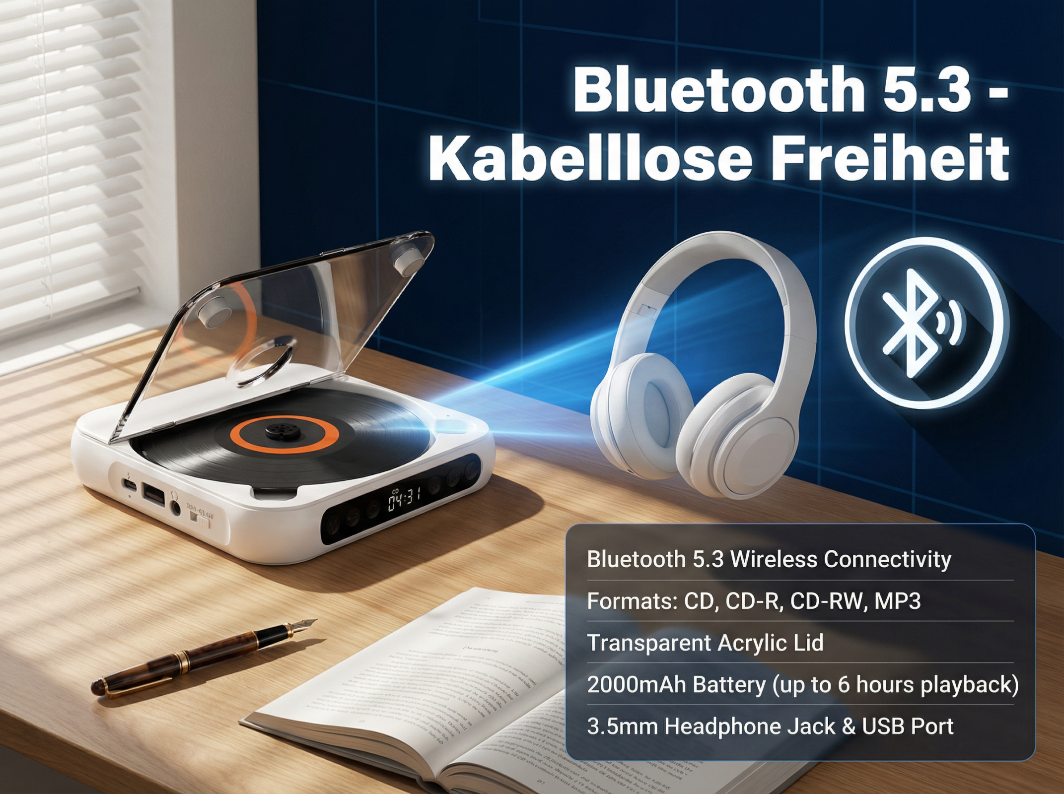 Weißer Bluetooth-CD-Player mit Kopfhörern und Buch auf einem Holztisch.