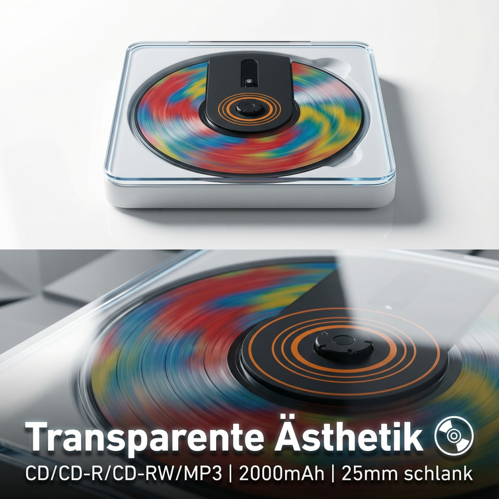 Transparenter CD-Player mit bunt rotierender CD und technischen Details.