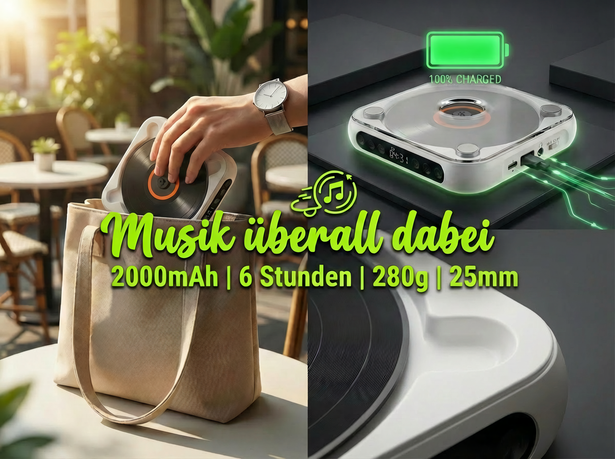 Ein tragbarer Lautsprecher mit Schallplatten-Design, 2000mAh Akku, 6 Std Laufzeit.