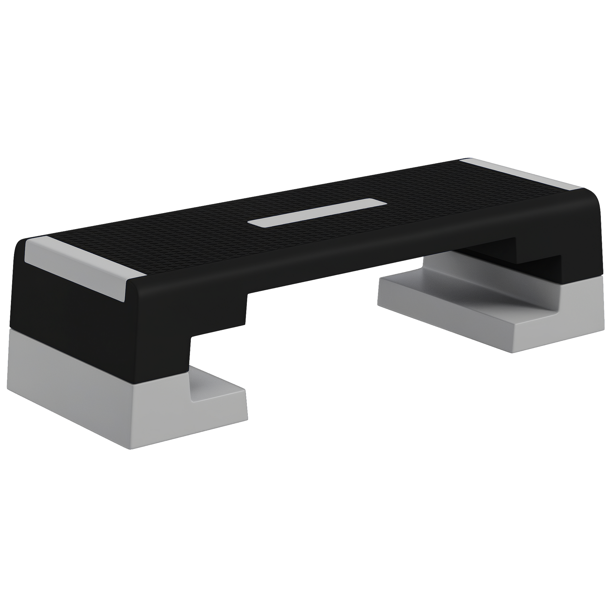 Uno stepper aerobico nero con supporti grigi e un segno argentato.