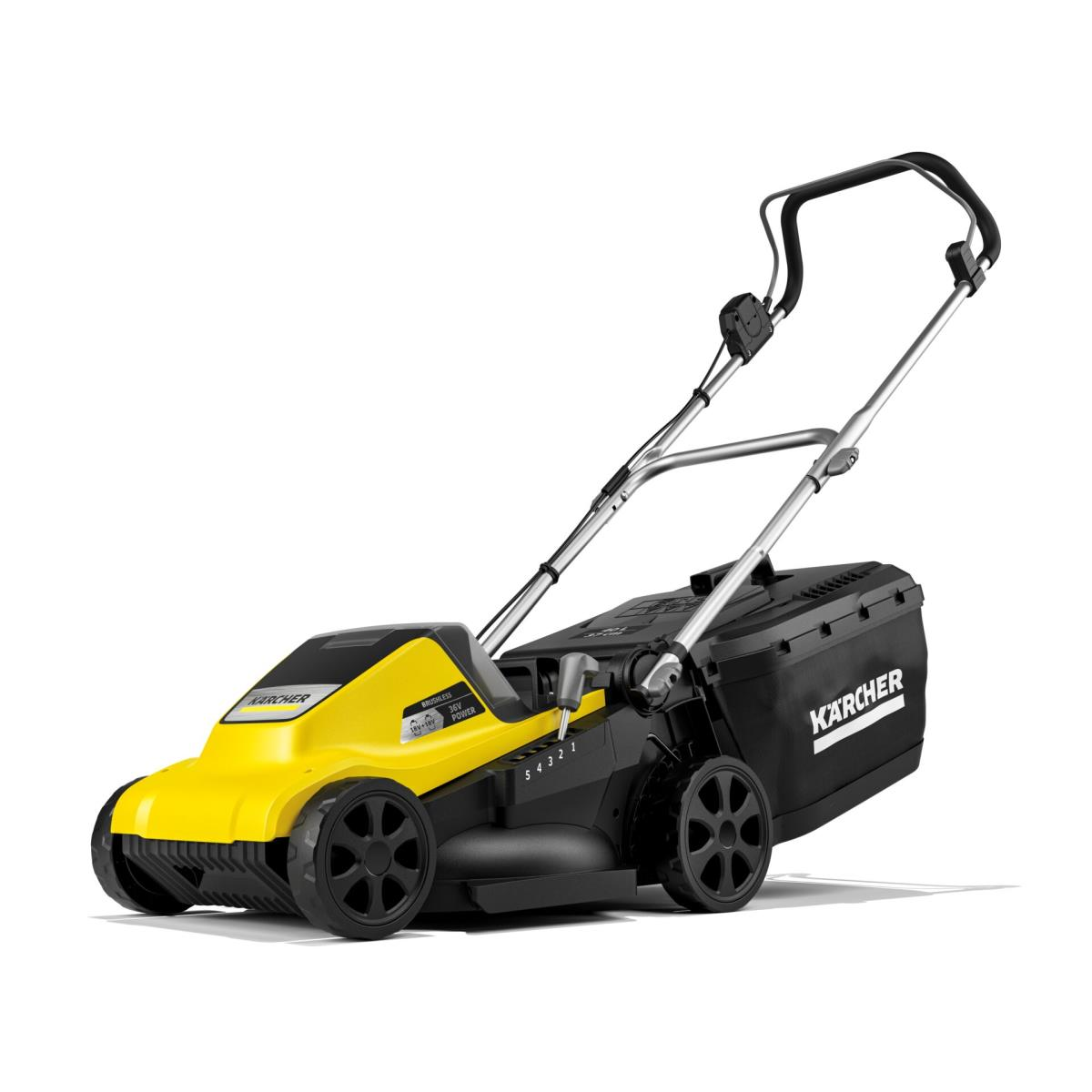 Gelber und schwarzer Karcher Elektromäher mit Fangkorb, auf weißem Grund.