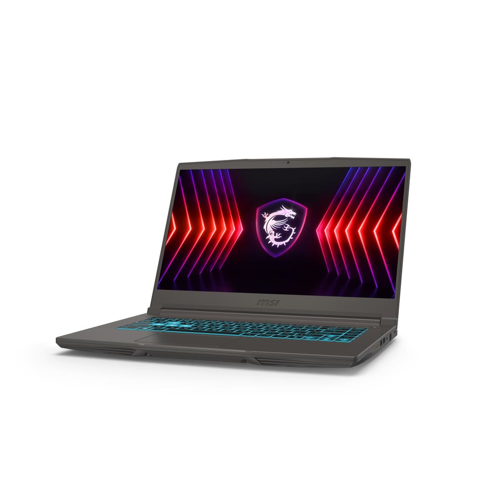 Parlak mavi klavyeli ve ekranında ejderha logosu olan açık bir MSI dizüstü bilgisayar.