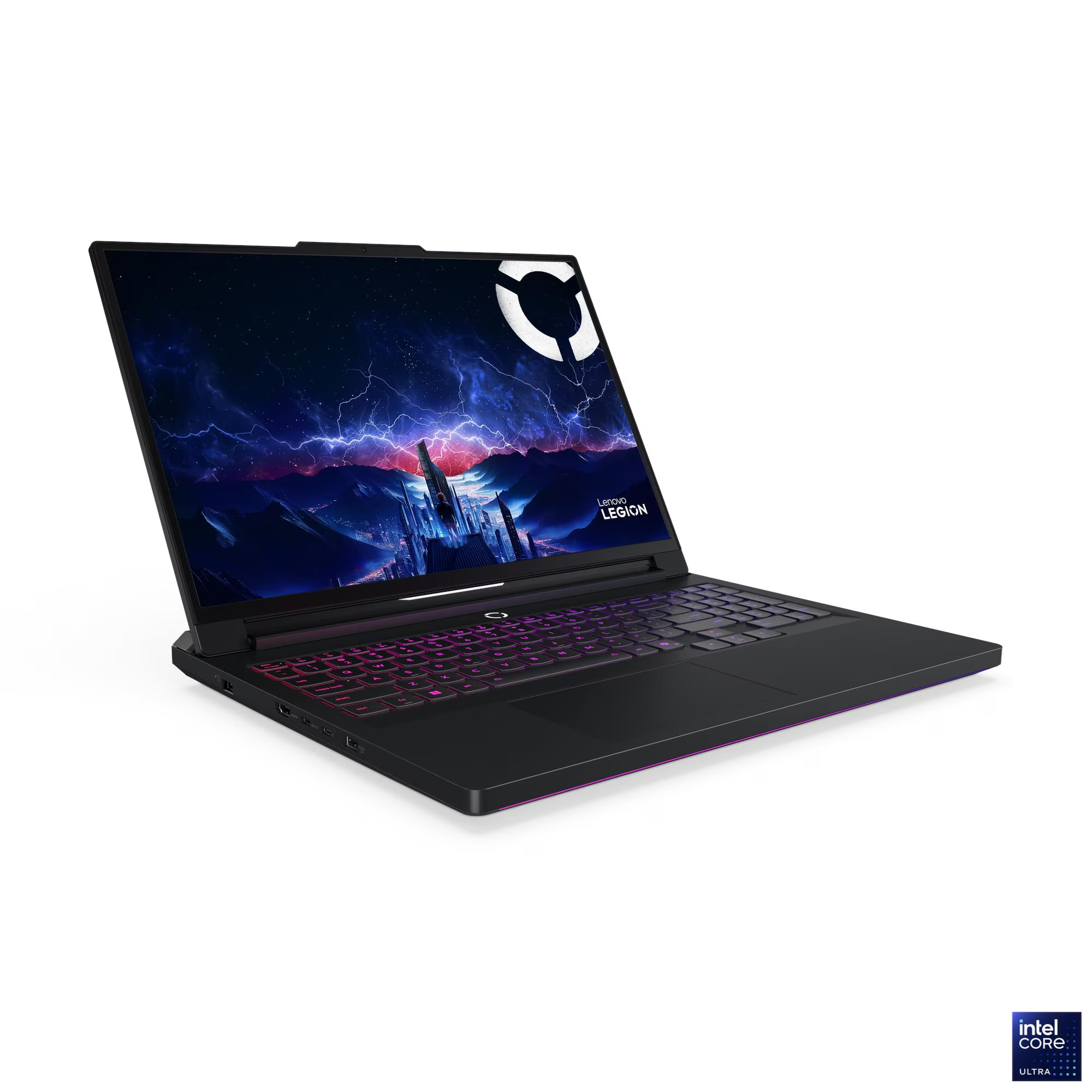 Arkadan aydınlatmalı klavyeli ve dramatik arka plan grafikli siyah Lenovo Legion dizüstü bilgisayar.