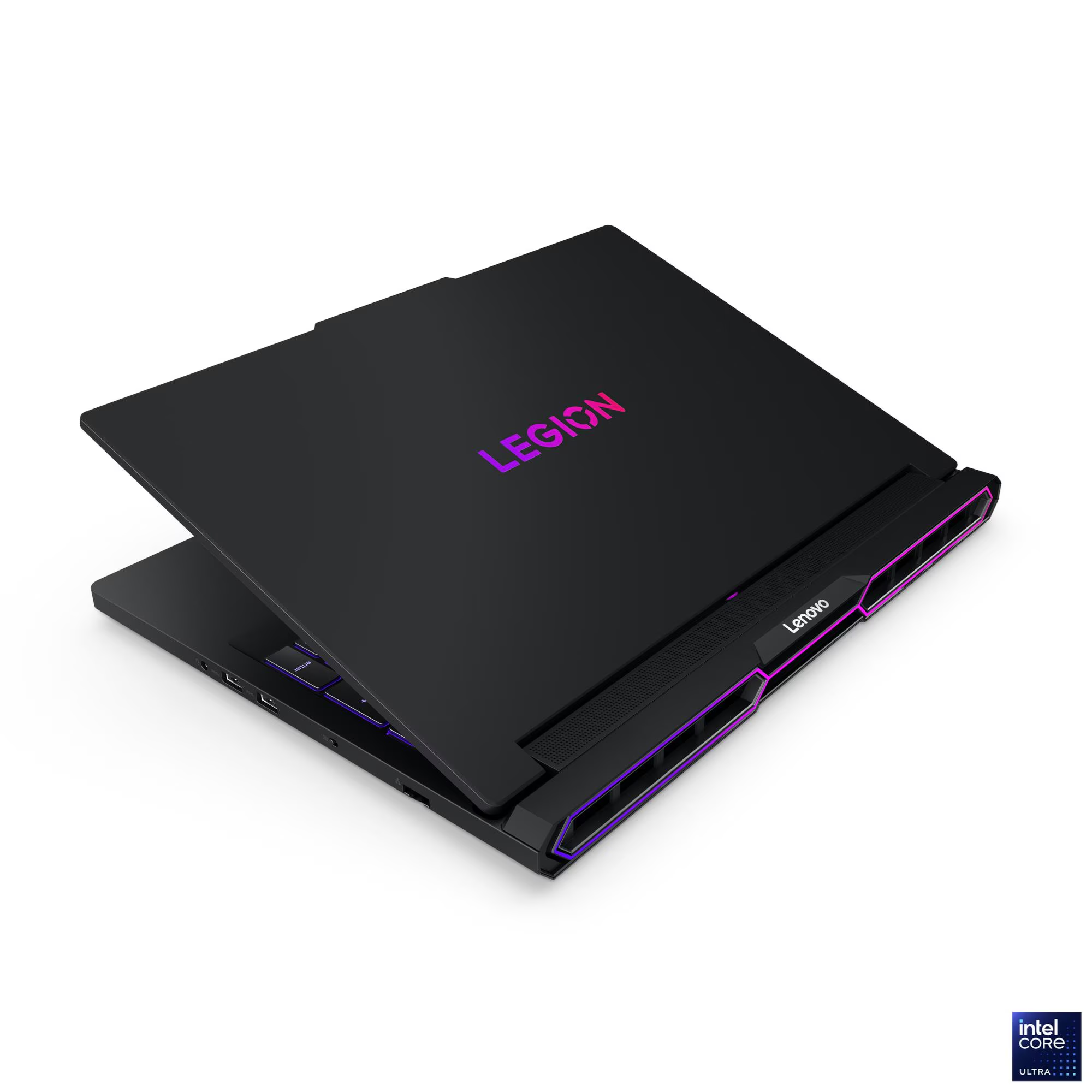 Mor vurgulu aydınlatmalı "LEGION" logolu siyah Lenovo dizüstü bilgisayar.
