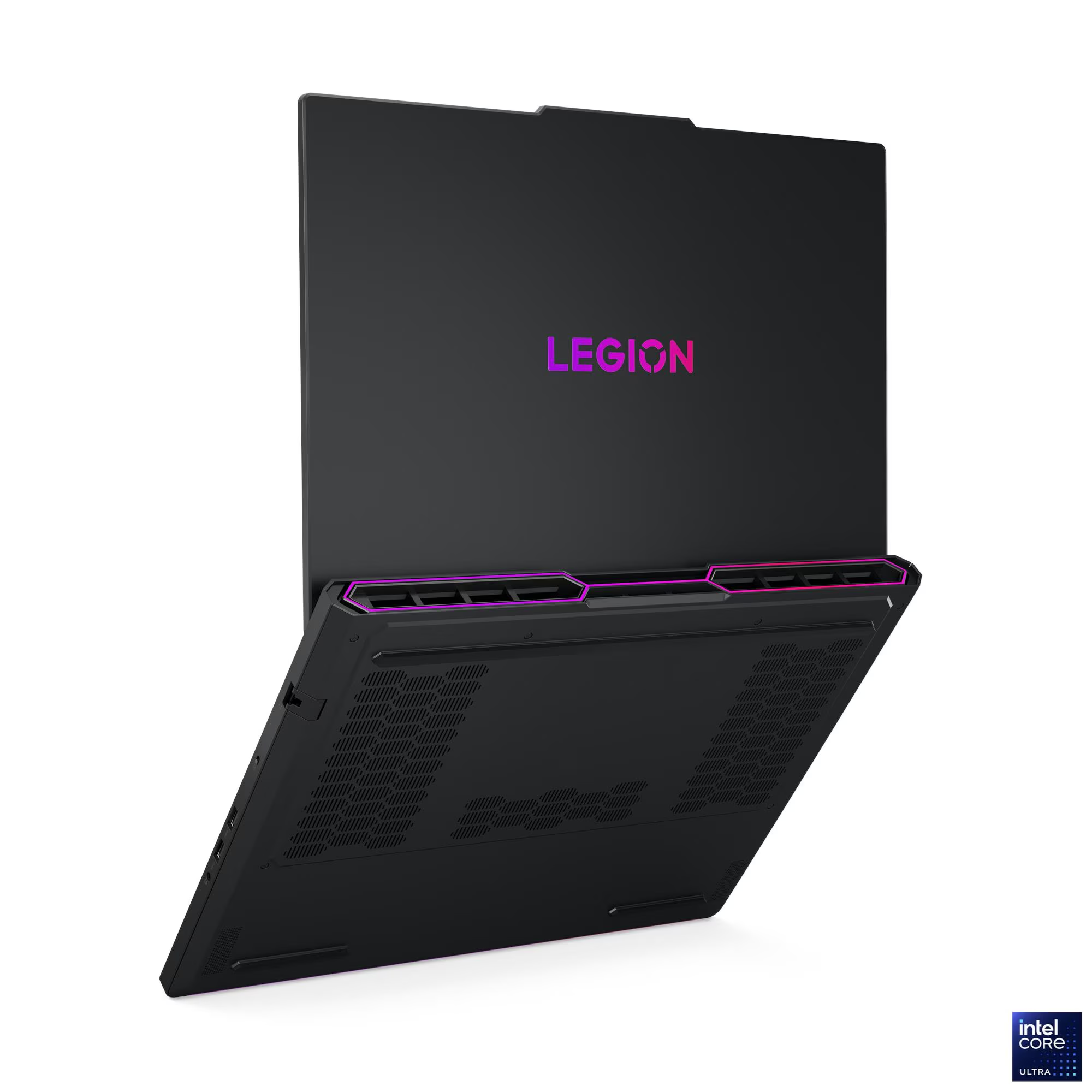 Mor "LEGION" logosu ve parlak vurgulara sahip siyah dizüstü bilgisayar.