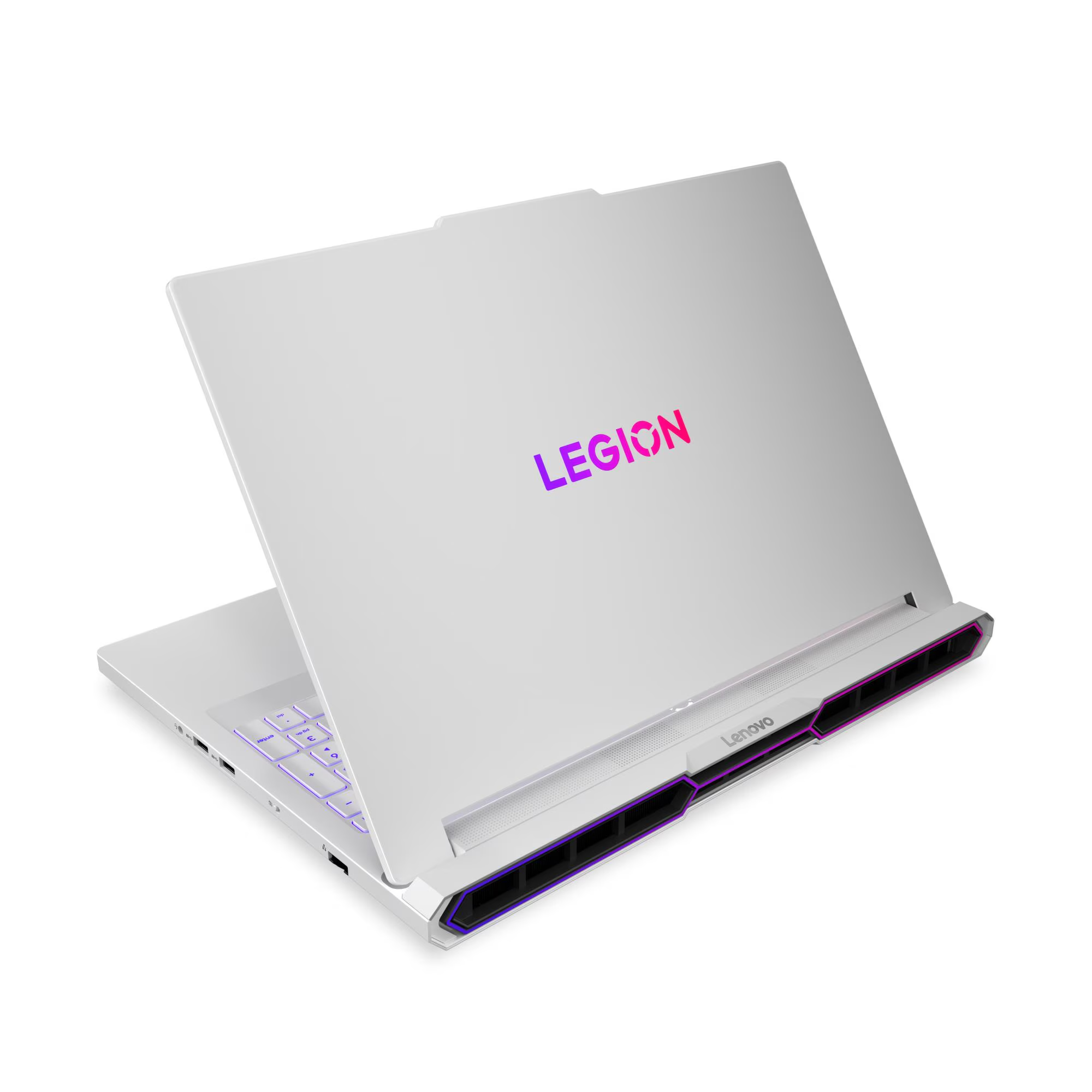 Arkadan aydınlatmalı klavyeli ve havalandırma delikli beyaz Lenovo Legion.