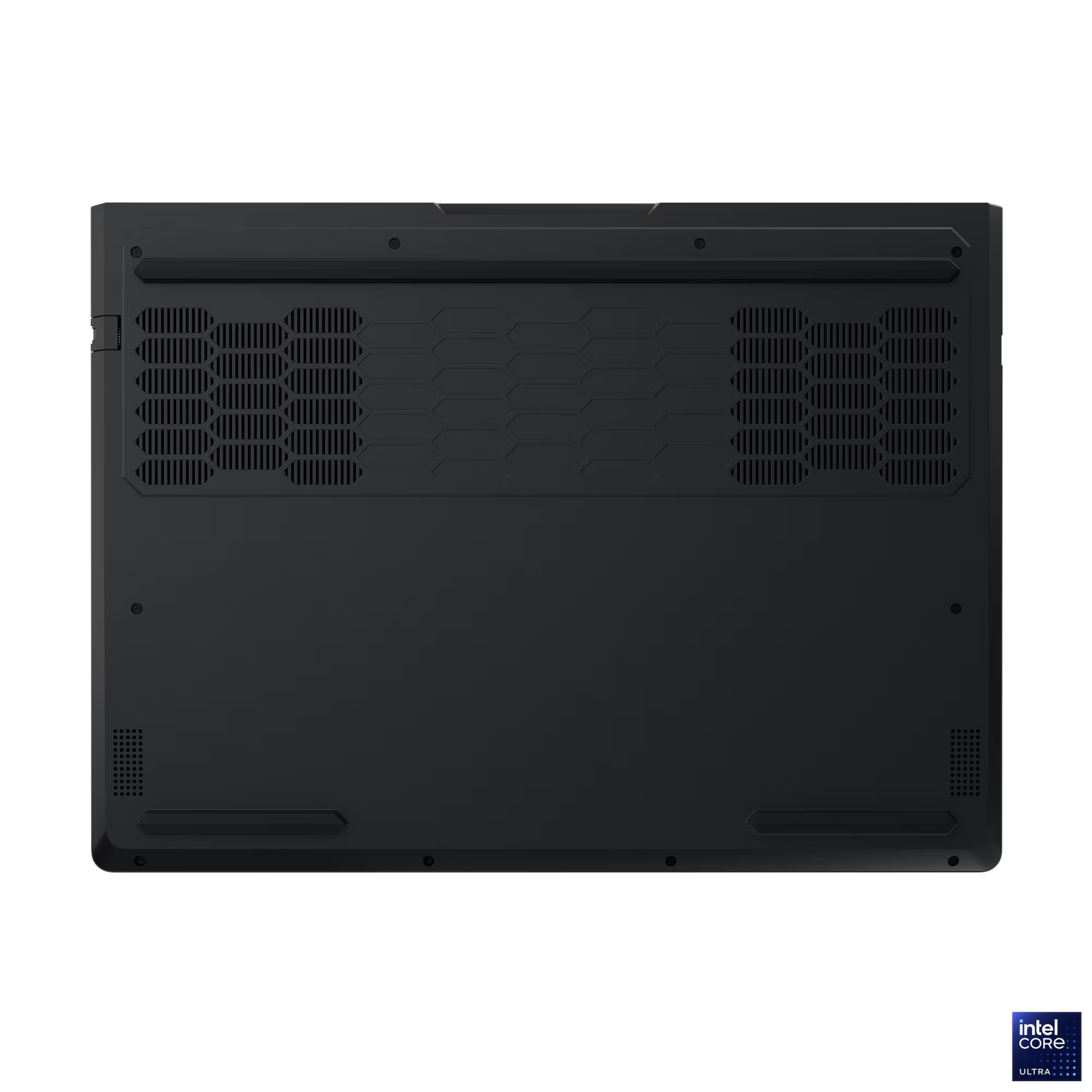 Havalandırma ızgaraları ve Intel Core Ultra logosuna sahip siyah dizüstü bilgisayarın altı.