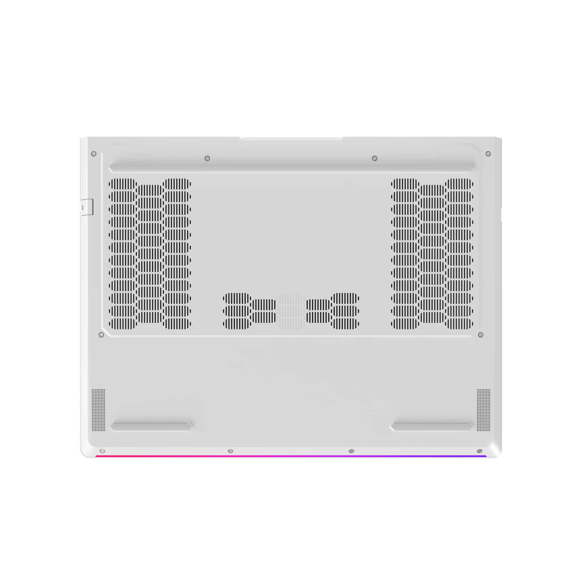 Havalandırma ızgaraları ve RGB aydınlatmalı beyaz dizüstü bilgisayarın altı.