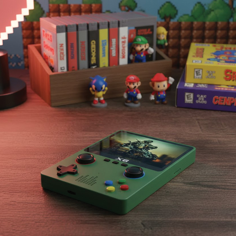 Mario, Sonic ve Luigi figürlü yeşil elde taşınabilir oyun cihazı.