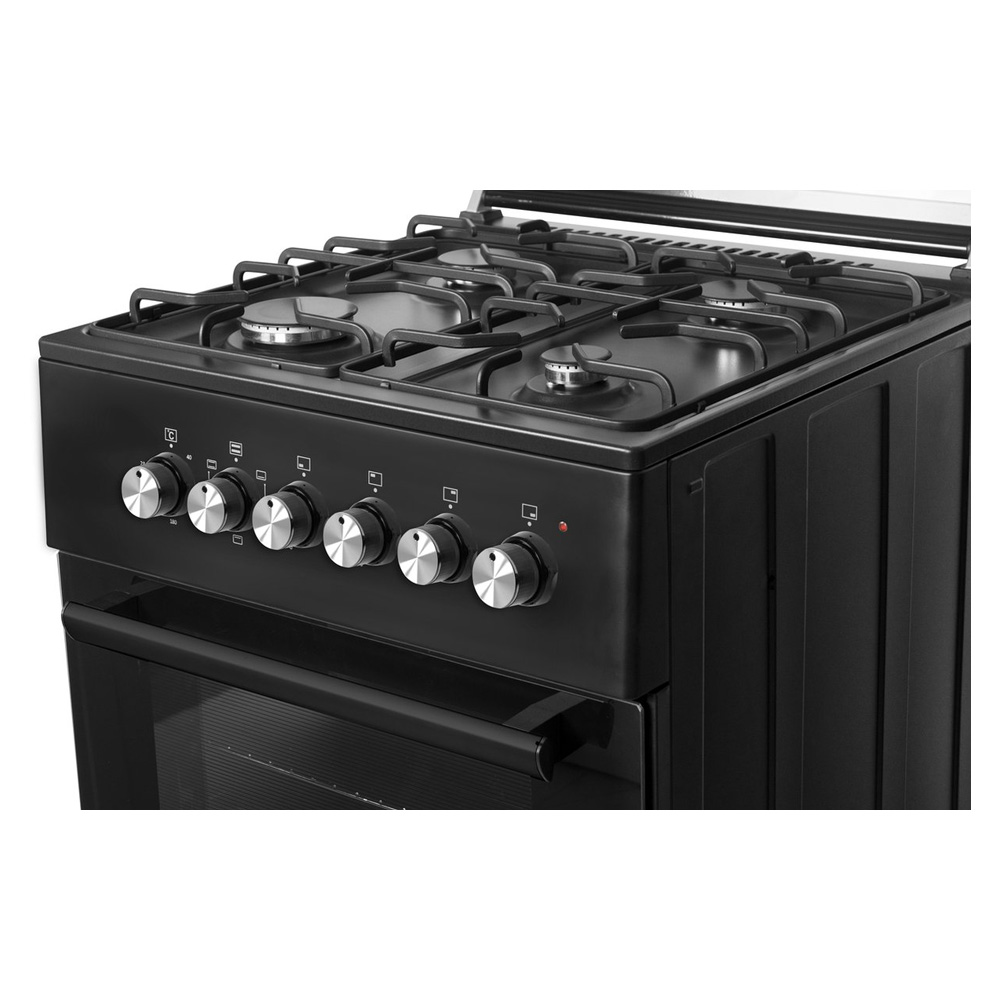 Black gas stove with four burners and control knobs.