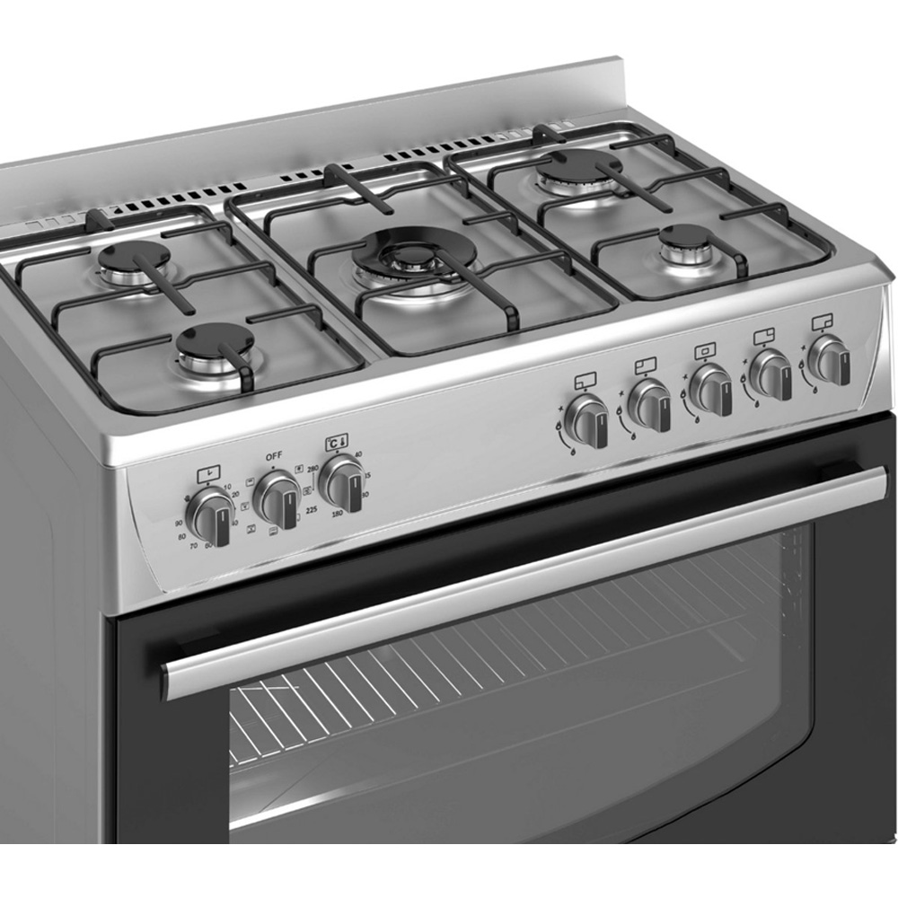 A silver gas stove with four burners and an oven with a glass door.