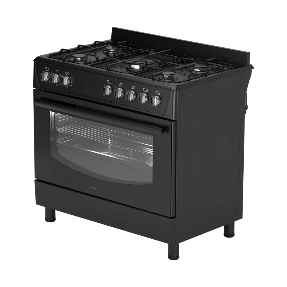 Een zwarte gasfornuis met vier branders bovenop en een oven met glazen deur.