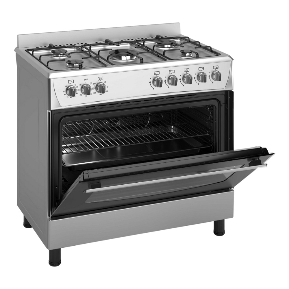 A silver gas range with its oven door open, showing the racks inside.