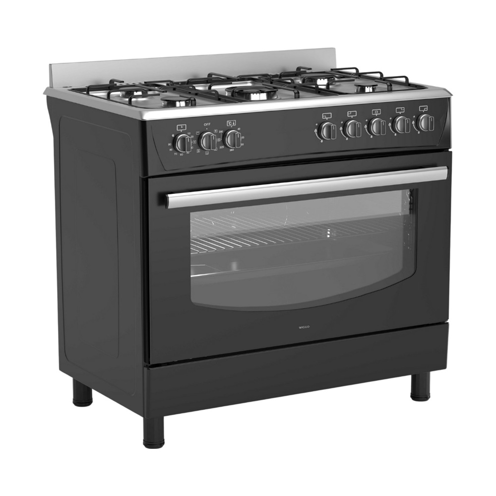 Black gas stove with six burners, glass top, and oven door.