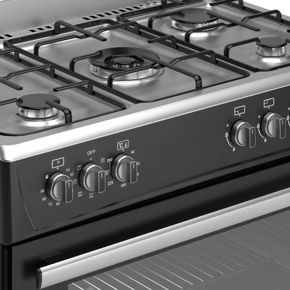 A modern gas stove with four burners and control knobs.
