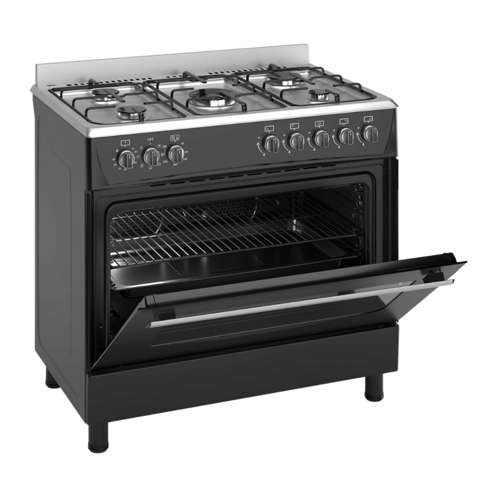 Black gas stove with oven door open and four burners on top.