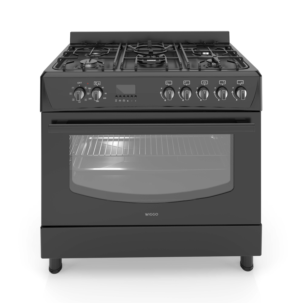 Een zwart gasfornuis met zes branders en een glazen ovendeur.