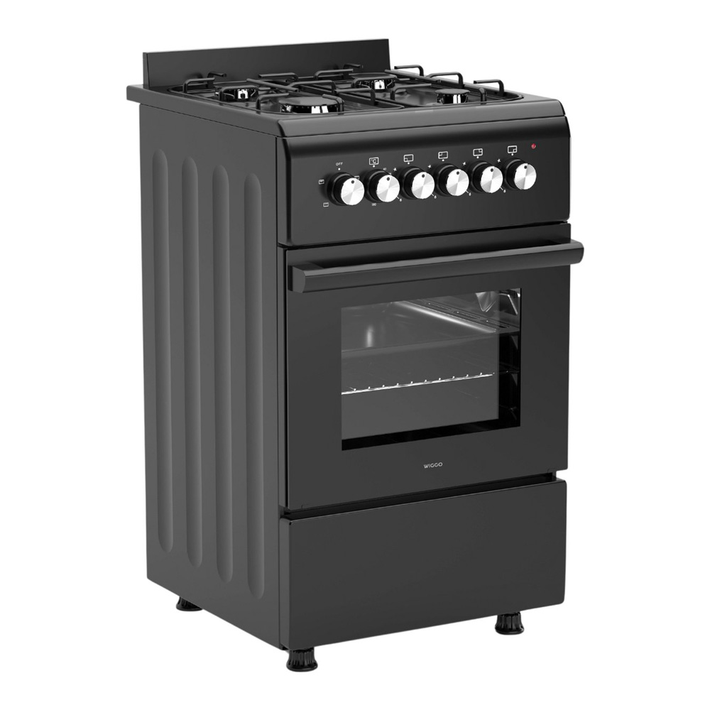 A black gas stove with four burners, an oven, and a compartment below.