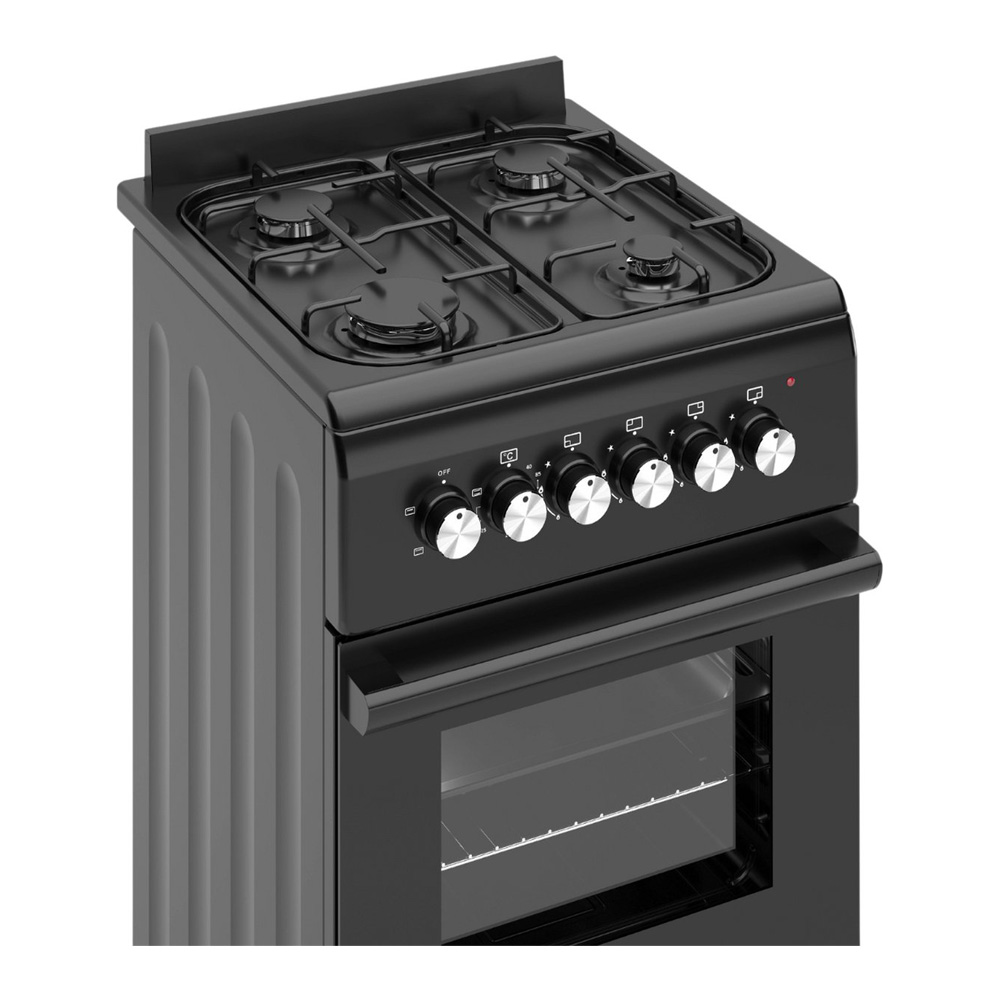 Black gas stove with four burners, oven door, and silver control knobs.